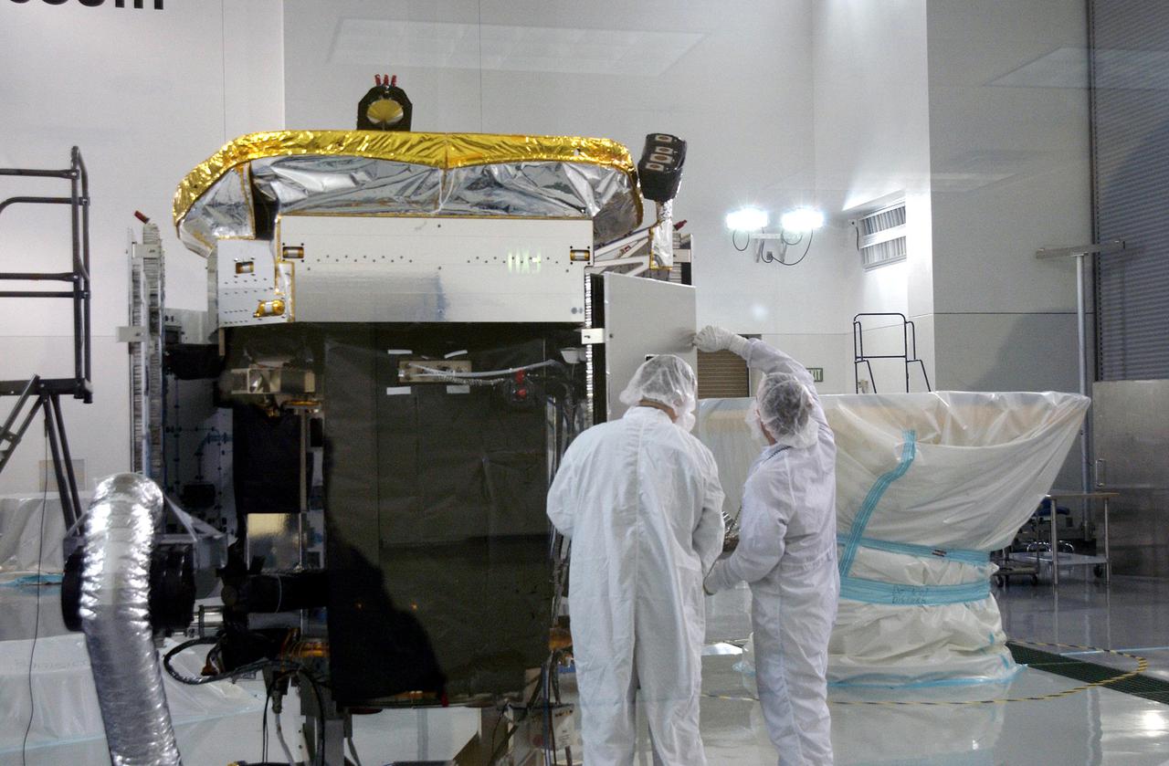 KENNEDY SPACE CENTER, FLA.  -    In the Astrotech Payload Processing Facility at  Vandenberg Air Force Base, workers from NASA’s Jet Propulsion Laboratory in California and Ball Aerospace from Boulder, Colo., prepare the CloudSat spacecraft before conducting the Cloud Profiling Radar (CPR) functional tests.  CloudSat will fly in combination with the Cloud-Aerosol Lidar and Infrared Pathfinder Satellite Observation (CALIPSO) to provide never-before-seen 3-D perspectives of how clouds and aerosols form, evolve, and affect weather and climate. CALIPSO and CloudSat will join three other satellites to enhance understanding of climate systems.  The launch date for CALIPSO_ CloudSat is no earlier than Aug. 22.