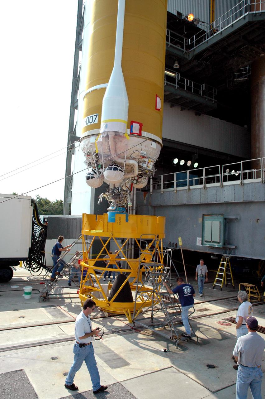 KENNEDY SPACE CENTER, FLA. - At the Vertical Integration Facility on Launch Pad 41 at Cape Canaveral Air Force Station in Florida, the Lockheed Martin Centaur second stage is ready for lifting into the launch tower where it will be mated with the Atlas V already there.  The Atlas V_Centaur is the launch vehicle for the Mars Reconnaissance Orbiter (MRO).  The MRO is designed for a series of global mapping, regional survey and targeted observations from a near-polar, low-altitude Mars orbit. These observations will be unprecedented in terms of the spatial resolution and coverage achieved by the orbiter’s instruments as they observe the atmosphere and surface of Mars while probing its shallow subsurface as part of a “follow the water” strategy.  The launch window for the MRO begins Aug. 10.