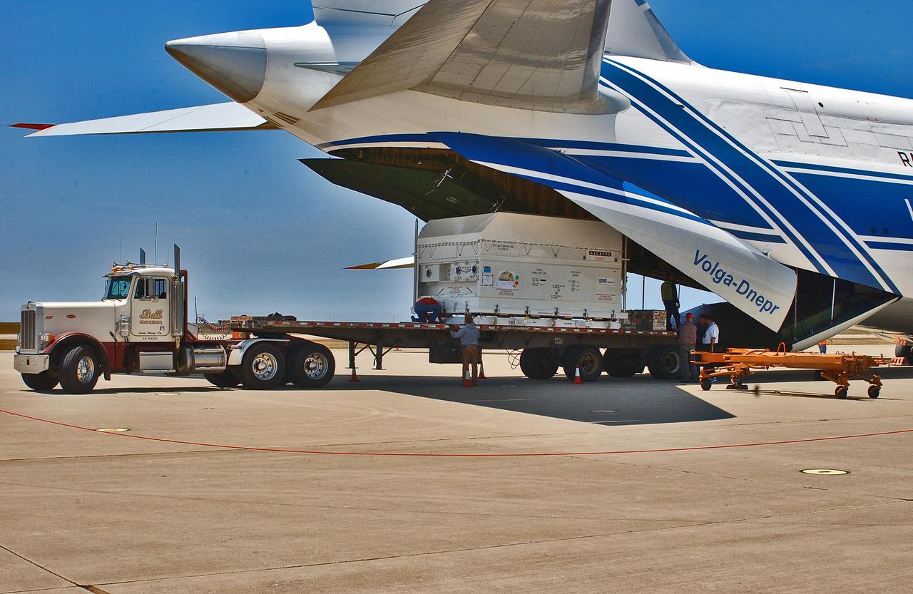 KENNEDY SPACE CENTER, FLA. - At Vandenberg Air Force Base in California, the Cloud-Aerosol Lidar and Infrared Pathfinder Satellite Observation (CALIPSO) spacecraft is offloaded from the Antonov aircraft that delivered it. It will be transported to the VAFB Astrotech Payload Processing Facility. CALIPSO will fly in combination with the CloudSat satellite to provide never-before-seen 3-D perspectives of how clouds and aerosols form, evolve, and affect weather and climate. CALIPSO and CloudSat will join three other satellites in orbit to enhance understanding of climate systems. The launch date for CALIPSO_CloudSat is no earlier than Aug. 22.