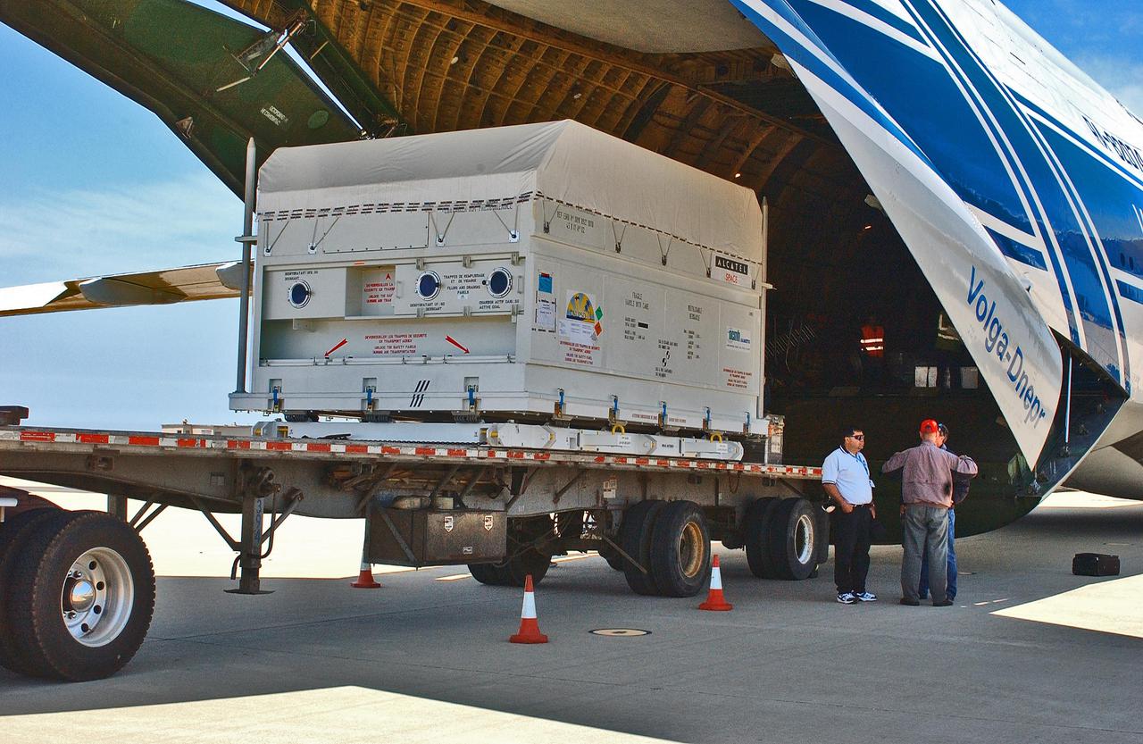 KENNEDY SPACE CENTER, FLA. - At Vandenberg Air Force Base in California, the Cloud-Aerosol Lidar and Infrared Pathfinder Satellite Observation (CALIPSO) spacecraft is offloaded from the Antonov aircraft that delivered it. It will be transported to the VAFB Astrotech Payload Processing Facility. CALIPSO will fly in combination with the CloudSat satellite to provide never-before-seen 3-D perspectives of how clouds and aerosols form, evolve, and affect weather and climate. CALIPSO and CloudSat will join three other satellites in orbit to enhance understanding of climate systems. The launch date for CALIPSO_CloudSat is no earlier than Aug. 22.
