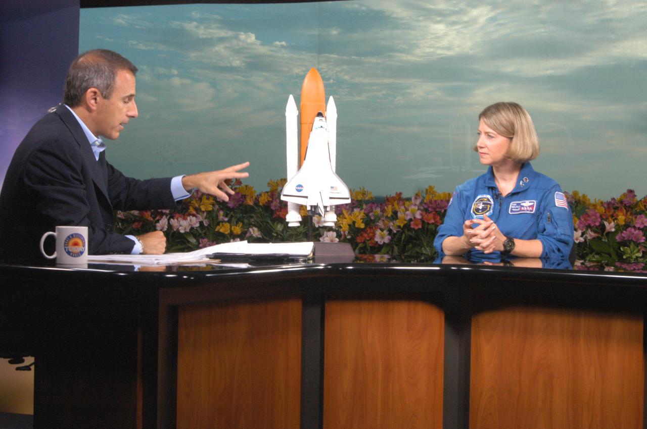 KENNEDY SPACE CENTER, FLA. -   Matt Lauer, co-anchor of NBC News’ Today, talks with astronaut Pam Melroy about the pending launch at 3:51 p.m. of Space Shuttle Discovery on the historic Return to Flight mission STS-114.  Melroy has flown on two missions, STS-92 and STS-112. STS-114 is the 114th Space Shuttle flight and the 31st for Discovery.  The 12-day mission is expected to end with touchdown at the Shuttle Landing Facility at 11:06 a.m. July 25.
