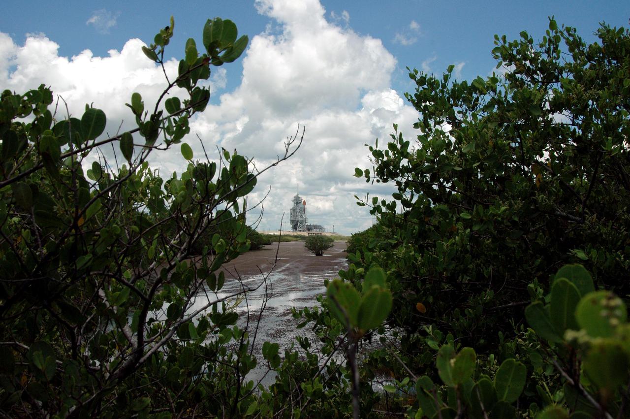 KENNEDY SPACE CENTER, FLA. -   Space Shuttle Discovery remains on the pad the day after the Shuttle’s launch on Return to Flight mission STS-114 was scrubbed.  The July 13 mission was scrubbed when a low-level fuel cut-off sensor for the liquid hydrogen tank inside the External Tank failed a routine prelaunch check during the countdown July 13, causing mission managers to scrub Discovery's first launch attempt. The sensor protects the Shuttle's main engines by triggering their shutdown in the event fuel runs unexpectedly low. The sensor is one of four inside the liquid hydrogen section of the External Tank (ET).