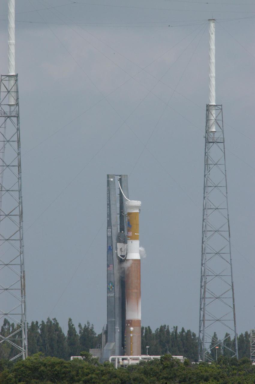 KENNEDY SPACE CENTER, FLA. - At Launch Complex 41 on Cape Canaveral Air Force Station in Florida stands the Atlas V rocket that will carry the Mars Reconnaissance Orbiter (MRO) into orbit, scheduled for Aug. 10. The Atlas V is part of the wet dress rehearsal under way. Launch of the MRO aboard an Atlas V rocket will be from Launch Complex 41 at Cape Canaveral Air Force Station in Florida. A wet rehearsal includes pre-liftoff operations and a fueling of the rocket’s engine. The MRO was built by Lockheed Martin for NASA Jet Propulsion Laboratory in California. It is the next major step in Mars exploration and scheduled for launch from Cape Canaveral Air Force Station. The MRO is an important next step in fulfilling NASA’s vision of space exploration and ultimately sending human explorers to Mars and beyond.
