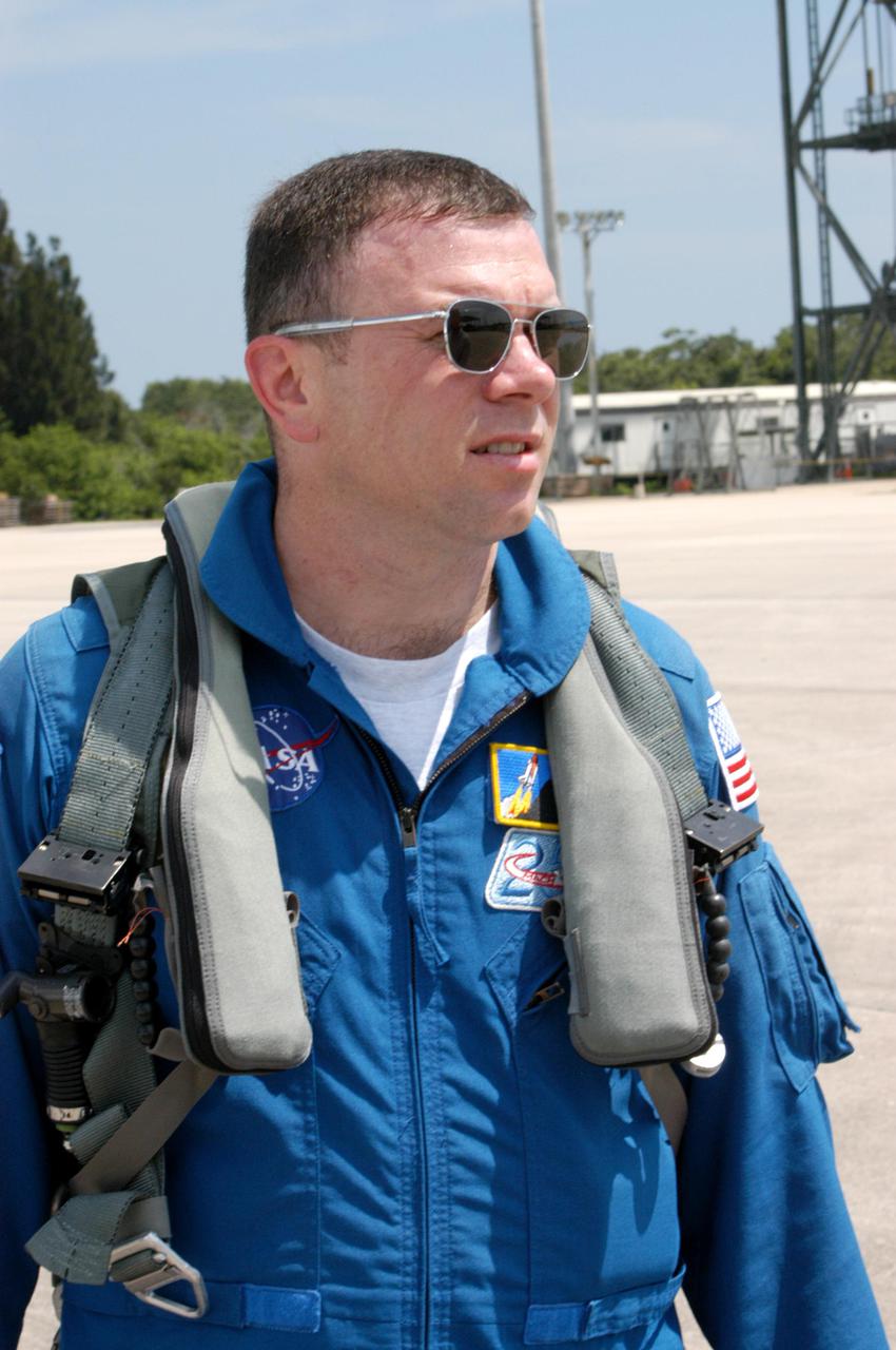 KENNEDY SPACE CENTER, FLA. -   The Return to Flight STS-114 crew arrives at NASA Kennedy Space Center in T-38 training jets to get ready for a second launch attempt aboard Space Shuttle Discovery.  Seen in the photo is Pilot James Kelly.  Mission Commander Eileen Collins later told the media who waited nearby that since the scrub on July 13, the crew has focused on the on-orbit part of the mission and training for night landings using the Shuttle Training Aircraft.  She praised the engineers and technicians who have been troubleshooting the elusive sensor problem and thanked them.  STS-114 is scheduled to launch July 26 at 10:39 a.m. EDT from Launch Pad 39B.