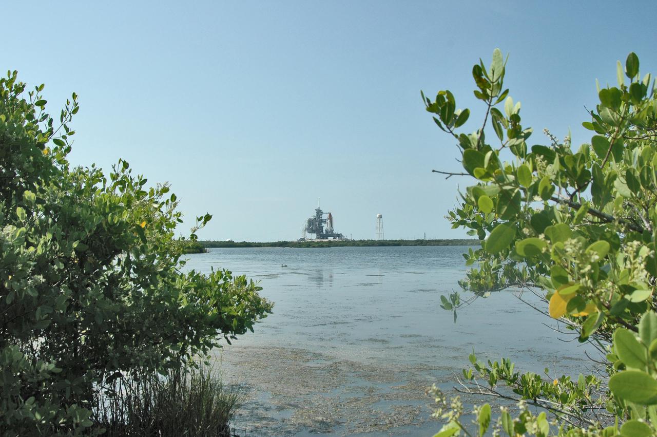 KENNEDY SPACE CENTER, FLA. - Seen after rollback of the Rotating Service Structure, and framed by marsh greenery, a fully revealed Space Shuttle Discovery on NASA Kennedy Space Center’s Launch Pad 39B rises from the horizon beyond the pond.   Discovery is scheduled to lift off on the historic Return to Flight mission STS-114 at 10:39 a.m. EDT July 26 with a crew of seven.  On the mission to the International Space Station the crew will perform inspections on orbit for the first time of all of the Reinforced Carbon-Carbon (RCC) panels on the leading edge of the wings and the Thermal Protection System tiles using the new Canadian-built Orbiter Boom Sensor System and the data from 176 impact and temperature sensors. Mission Specialists will also practice repair techniques on RCC and tile samples during a spacewalk in the payload bay.  During two additional spacewalks, the crew will install the External Stowage Platform-2, equipped with spare part assemblies, and a replacement Control Moment Gyroscope contained in the Lightweight Multi-Purpose Experiment Support Structure.