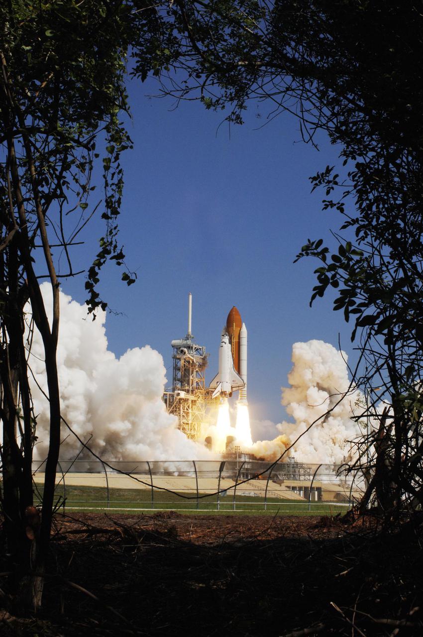 KENNEDY SPACE CENTER, FLA. -  Framed by Florida greenery, Space Shuttle Discovery lifts off Launch Pad 39B at 10:39 a.m. EDT on the historic Return to Flight mission STS-114.  It is the 114th Space Shuttle flight and the 31st for Discovery.  The 12-day mission is expected to end with touchdown at the Shuttle Landing Facility on Aug. 7.  On this mission to the International Space Station the crew will perform inspections on-orbit for the first time of all of the Reinforced Carbon-Carbon (RCC) panels on the leading edge of the wings and the Thermal Protection System tiles using the new Canadian-built Orbiter Boom Sensor System and the data from 176 impact and temperature sensors. Mission Specialists will also practice repair techniques on RCC and tile samples during a spacewalk in the payload bay.  During two additional spacewalks, the crew will install the External Stowage Platform-2, equipped with spare part assemblies, and a replacement Control Moment Gyroscope contained in the Lightweight Multi-Purpose Experiment Support Structure.