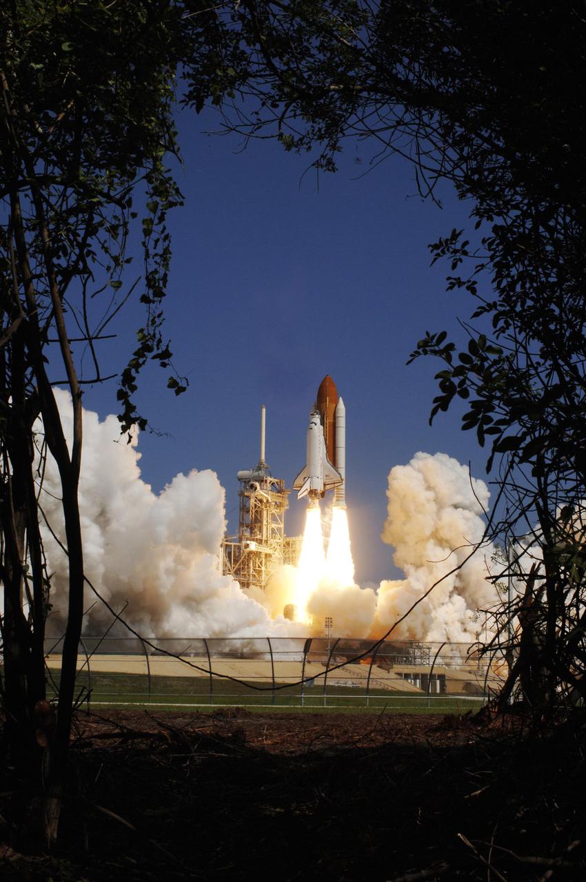 KENNEDY SPACE CENTER, FLA. - Framed by Florida greenery, Space Shuttle Discovery lifts off Launch Pad 39B at 10:39 a.m. EDT on the historic Return to Flight mission STS-114. It is the 114th Space Shuttle flight and the 31st for Discovery. The 12-day mission is expected to end with touchdown at the Shuttle Landing Facility on Aug. 7. On this mission to the International Space Station the crew will perform inspections on-orbit for the first time of all of the Reinforced Carbon-Carbon (RCC) panels on the leading edge of the wings and the Thermal Protection System tiles using the new Canadian-built Orbiter Boom Sensor System and the data from 176 impact and temperature sensors. Mission Specialists will also practice repair techniques on RCC and tile samples during a spacewalk in the payload bay. During two additional spacewalks, the crew will install the External Stowage Platform-2, equipped with spare part assemblies, and a replacement Control Moment Gyroscope contained in the Lightweight Multi-Purpose Experiment Support Structure.