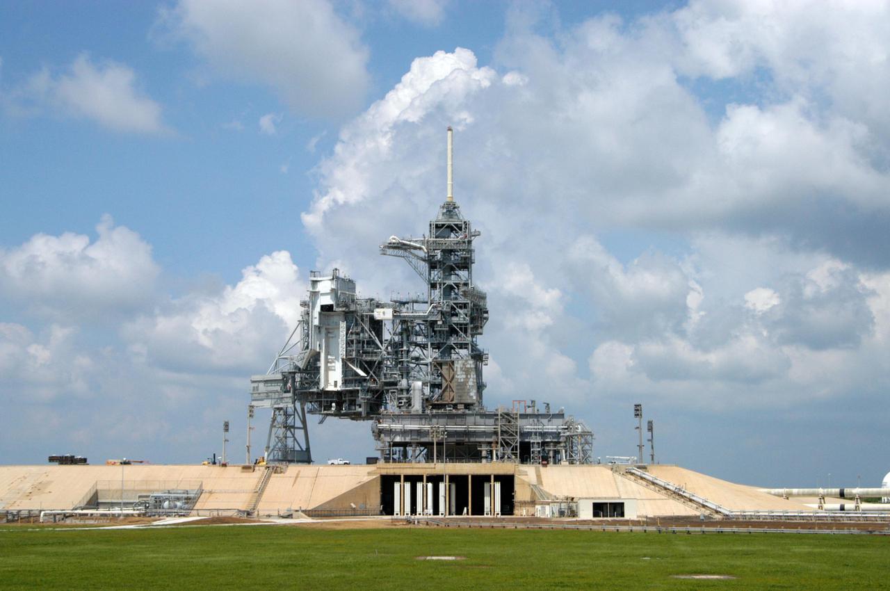 KENNEDY SPACE CENTER, FLA. - Launch Pad 39B at NASA Kennedy Space Center is clear after launch of Space Shuttle Discovery on Return to Flight mission STS-114. The Mobile Launcher Platform is still in place but will be moved to prepare for Space Shuttle Atlantis, the designated vehicle for mission STS-121 to the International Space Station. Launch of STS-121 is during a window extending from Sept. 9 to Sept. 25.