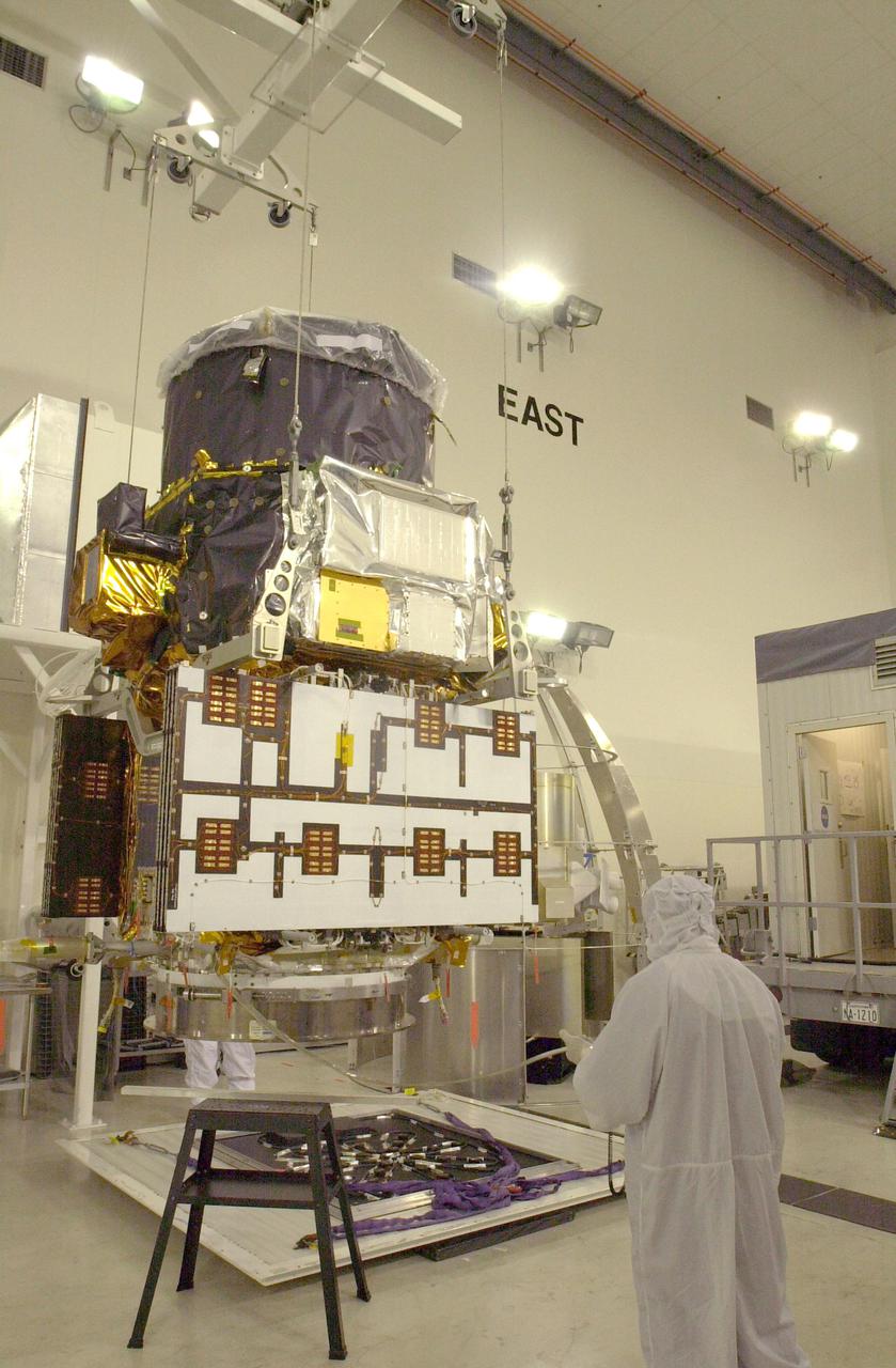 VANDENBERG AIR FORCE BASE, CALIF. - At Vandenberg Air Force Base in California, the CALIPSO spacecraft is lifted off a work stand for a move to a specially modified container where LIDAR (LIght Detection And Ranging) laser testing will take place. CALIPSO stands for Cloud-Aerosol LIDAR and Infrared Pathfinder Satellite Observation. LIDAR measures distance, speed, rotation, chemical composition and concentration. CALIPSO and CloudSat will fly in formation with three other satellites in the A-train constellation to enhance understanding of our climate system. They are highly complementary satellites and together they will provide never-before-seen 3-D perspectives of how clouds and aerosols form, evolve, and affect weather and climate. Launch of CALIPSO_CloudSat aboard a Boeing Delta II rocket is scheduled for 3:01 a.m. PDT Sept. 29.