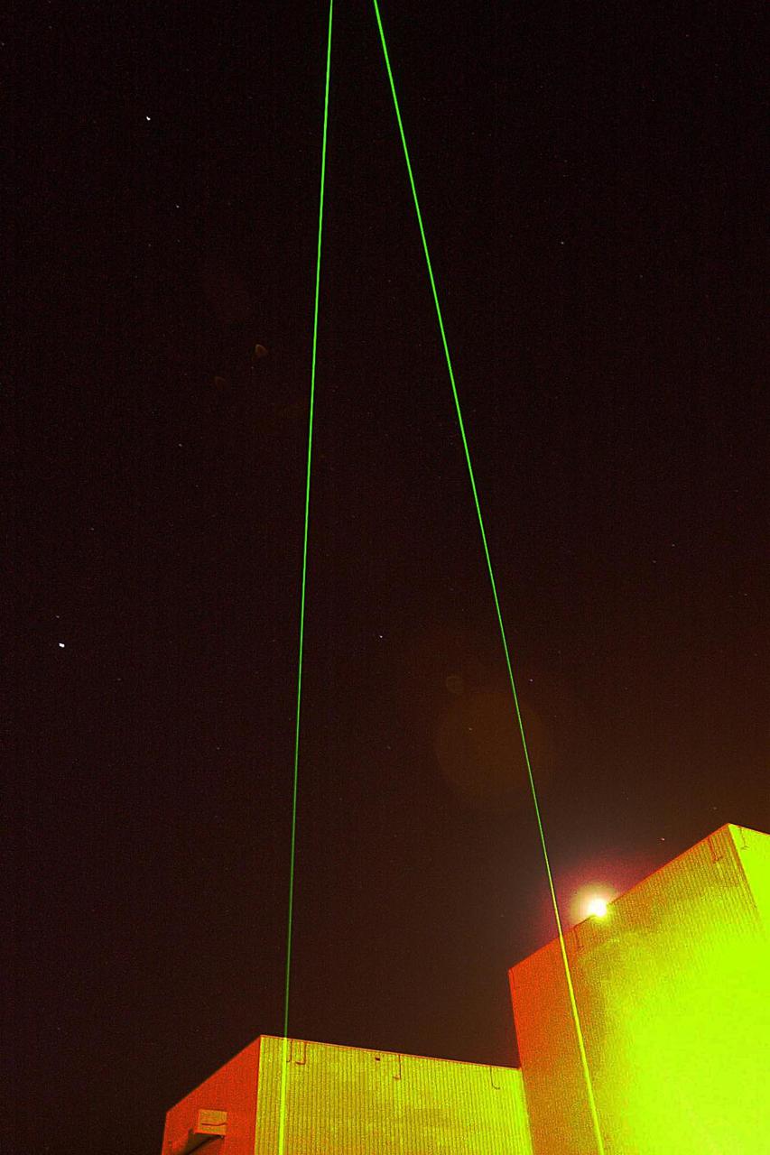 VANDENBERG AIR FORCE BASE, CALIF.  - At Vandenberg Air Force Base in California, light beams are emitted during LIDAR (LIght Detection And Ranging) laser testing on the CALIPSO spacecraft. CALIPSO stands for Cloud-Aerosol LIDAR and Infrared Pathfinder Satellite Observation.   LIDAR measures distance, speed, rotation, chemical composition and concentration. CALIPSO and CloudSat will fly in formation with three other satellites in the A-train constellation to enhance understanding of our climate system. They are highly complementary satellites and together they will provide never-before-seen 3-D perspectives of how clouds and aerosols form, evolve, and affect weather and climate. Launch of CALIPSO_CloudSat aboard a Boeing Delta II rocket is scheduled for 3:01 a.m. PDT Sept. 29.