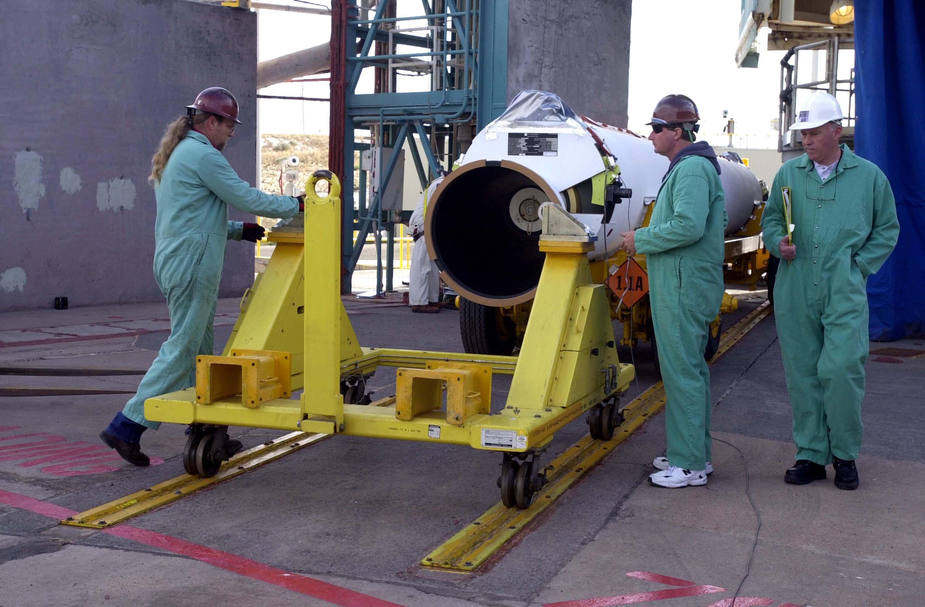 VANDENBERG AIR FORCE BASE, CALIF.   - Another Solid Rocket Booster arrives on NASA Space Launch Complex 2 at Vandenberg Air Force Base in California.  It will be lifted up the mobile service tower, or gantry, where it will be attached to the Boeing Delta II rocket. The Delta is the launch vehicle for the CALIPSO_CloudSat spacecraft. CALIPSO stands for Cloud-Aerosol Lidar and Infrared Pathfinder Satellite Observation.  CALIPSO and CloudSat are highly complementary satellites and together will provide never-before-seen 3-D perspectives of how clouds and aerosols form, evolve, and affect weather and climate. CALIPSO and CloudSat will fly in formation with three other satellites in the A-train constellation to enhance understanding of our climate system. Launch of CALIPSO_CloudSat aboard a Boeing Delta II rocket is scheduled for 3:01 a.m. Sept. 29.