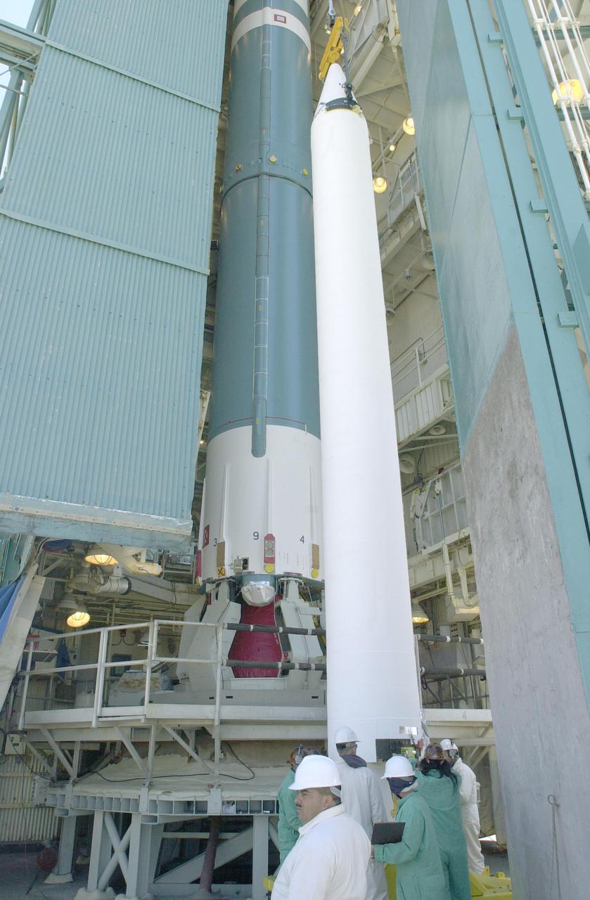 VANDENBERG AIR FORCE BASE, CALIF.  - At NASA Space Launch Complex 2 on Vandenberg Air Force Base in California, another Solid Rocket Booster is ready to be attached to the Boeing Delta II rocket seen behind it.  The Delta is the launch vehicle for the CALIPSO_CloudSat spacecraft. CALIPSO stands for Cloud-Aerosol Lidar and Infrared Pathfinder Satellite Observation.  CALIPSO and CloudSat are highly complementary satellites and together will provide never-before-seen 3-D perspectives of how clouds and aerosols form, evolve, and affect weather and climate. CALIPSO and CloudSat will fly in formation with three other satellites in the A-train constellation to enhance understanding of our climate system. Launch of CALIPSO_CloudSat aboard a Boeing Delta II rocket is scheduled for 3:01 a.m. Sept. 29.