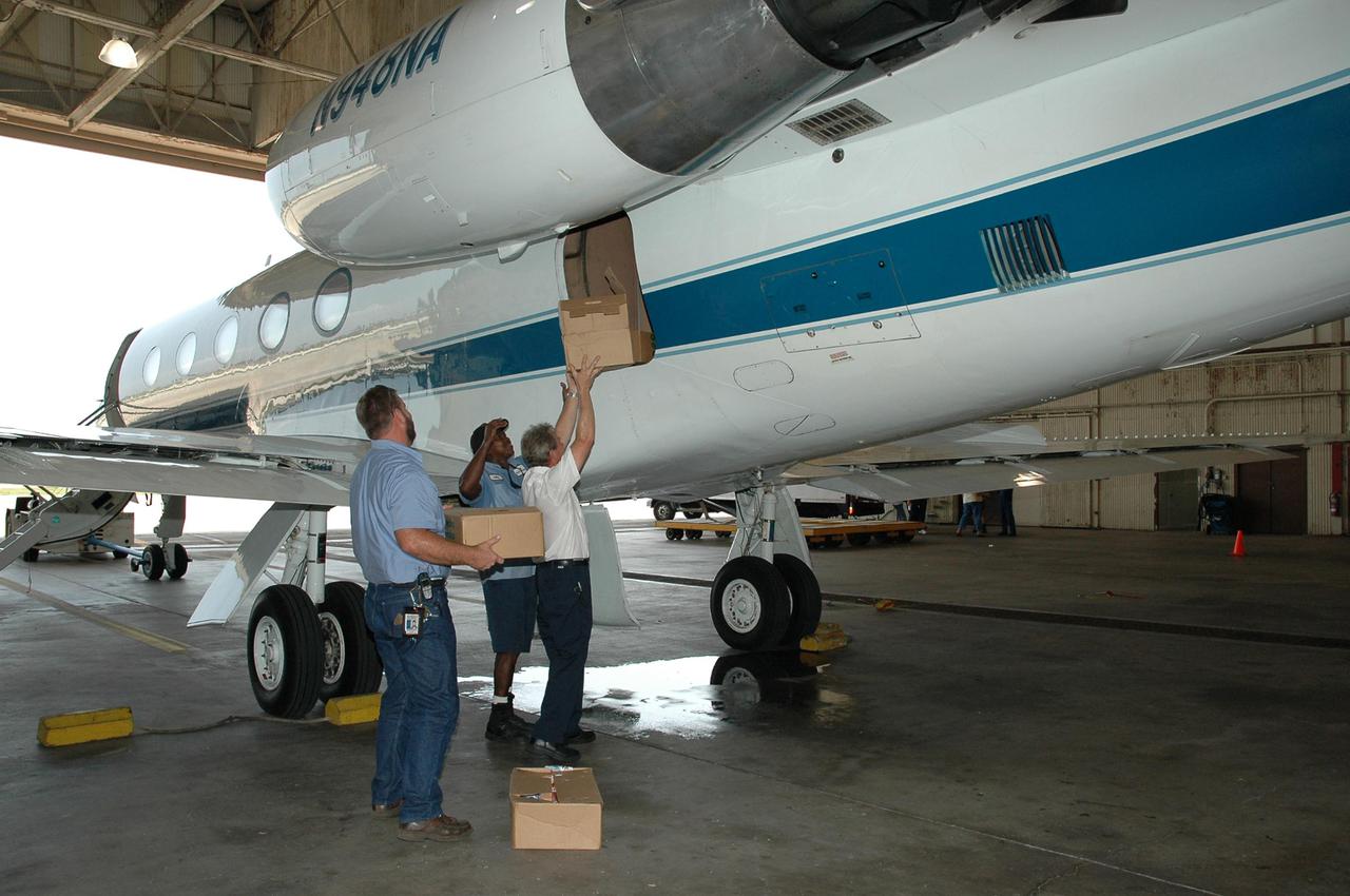 KENNEDY SPACE CENTER, FLA. - Workers at Kennedy Space Center load an airplane with supplies heading to Stennis Space Center in Mississippi for NASA workers there. Both Michoud Assembly Facility near New Orleans and Stennis were effected by Hurricane Katrina. KSC is sending a helicopter with medical supplies and an Emergency Medical Technician to Stennis. A NASA plane is carrying medical supplies, food and chain saws, as well as a physician and two high voltage technicians to Michoud to ensure the facility can safely receive power when the main electricity grid comes online. KSC has sent a truck with 1,000 gallons of diesel fuel and three large generators: a 1-megawatt generator, and 125- and 225-kilowatt generators. A 14-person security team is also going to Michoud to relieve the security professionals at that location.