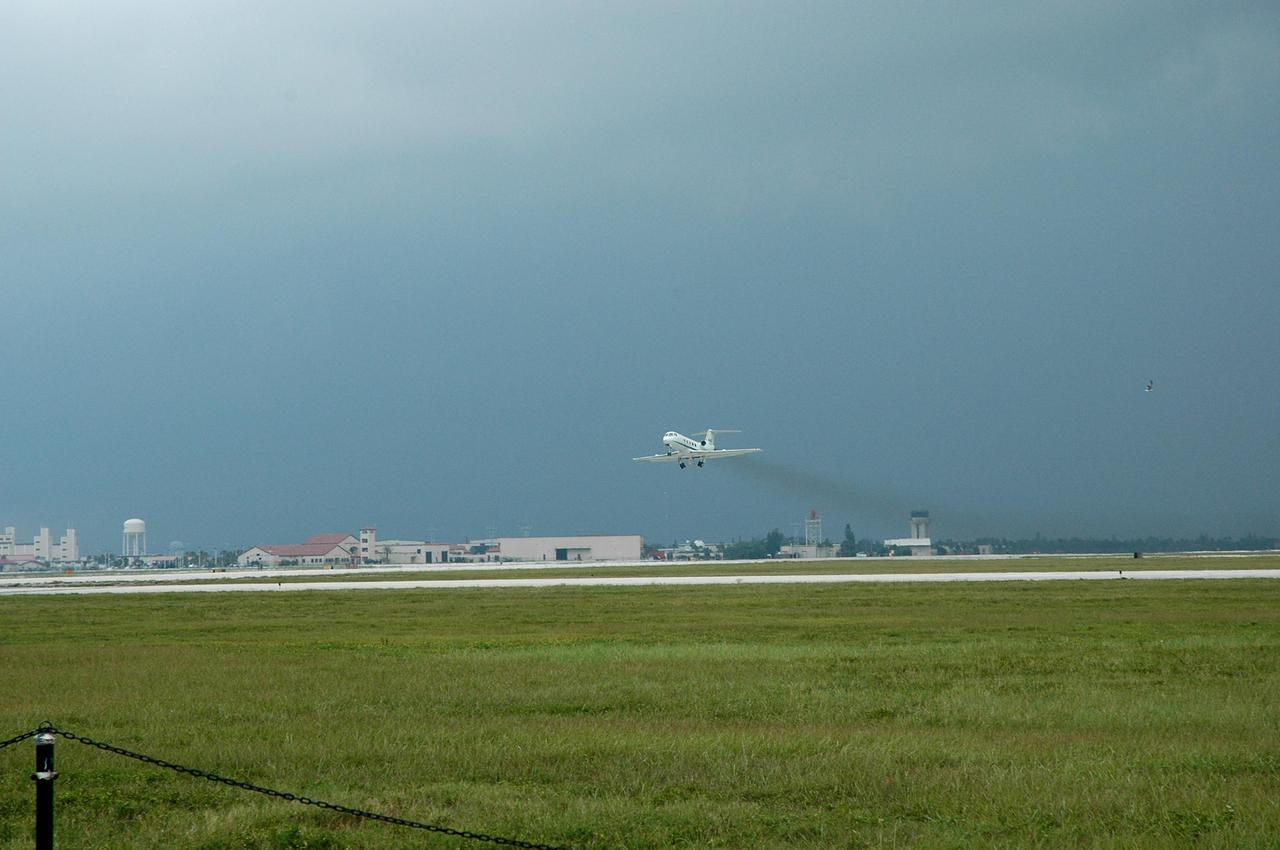 KENNEDY SPACE CENTER, FLA. - A NASA plane takes off from Patrick Air Force Base in Florida on a hurricane relief flight to Michoud Assembly Facility near New Orleans. Both Michoud and Stennis Space Center in Mississippi were effected by Hurricane Katrina. KSC is sending a helicopter with medical supplies and an Emergency Medical Technician to Stennis. A NASA plane is carrying medical supplies, food and chain saws, as well as a physician and two high voltage technicians to Michoud to ensure the facility can safely receive power when the main electricity grid comes online. KSC has sent a truck with 1,000 gallons of diesel fuel and three large generators: a 1-megawatt generator, and 125- and 225-kilowatt generators. A 14-person security team is also going to Michoud to relieve the security professionals at that location.