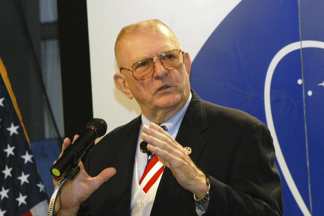 On October 19, 2006, former NASA director of Mission Operations Gene Kranz was a keynote speaker at the Marshall Space Flight Center’s (MSFC’s) 2006 Annual Safety Day program. The best selling author of “Failure Is Not An Option” and past Apollo flight director was featured during a morning session called “Coffee and Kranz”.  Marshall employees hung on his every word as he told the fascinating story of Apollo 13. Kranz was the acting flight director during the Apollo 13 mission, a mission that seemed doomed to fail due to an onboard explosion. Kranz and his flight control team worked around the clock relentlessly, solving problem after problem, until the crew was returned safely to Earth. 