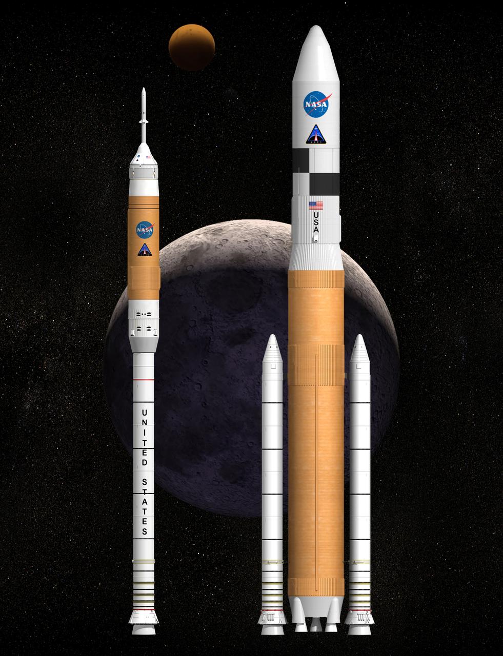 Named for the Greek god associated with Mars, the NASA developed Ares launch vehicles will return humans to the moon and later take them to Mars and other destinations. In this early illustration, the vehicle depicted on the left is the Ares I. Ares I is an inline, two-stage rocket configuration topped by the Orion crew vehicle and its launch abort system. In addition to its primary mission of carrying four to six member crews to Earth orbit, Ares I may also use its 25-ton payload capacity to deliver resources and supplies to the International Space Station (ISS), or to "park" payloads in orbit for retrieval by other spacecraft bound for the moon or other destinations. The Ares I employs a single five-segment solid rocket booster, a derivative of the space shuttle solid rocket booster, for the first stage. A liquid oxygen/liquid hydrogen J-2X engine derived from the J-2 engine used on the second stage of the Apollo vehicle will power the Ares V second stage. The Ares I can lift more than 55,000 pounds to low Earth orbit. The vehicle illustrated on the right is the Ares V, a heavy lift launch vehicle that will use five RS-68 liquid oxygen/liquid hydrogen engines mounted below a larger version of the space shuttle external tank, and two five-segment solid propellant rocket boosters for the first stage. The upper stage will use the same J-2X engine as the Ares I. The Ares V can lift more than 286,000 pounds to low Earth orbit and stands approximately 360 feet tall. This versatile system will be used to carry cargo and the components into orbit needed to go to the moon and later to Mars. Both vehicles are subject to configuration changes before they are actually launched. This illustration reflects the latest configuration as of September 2006.   