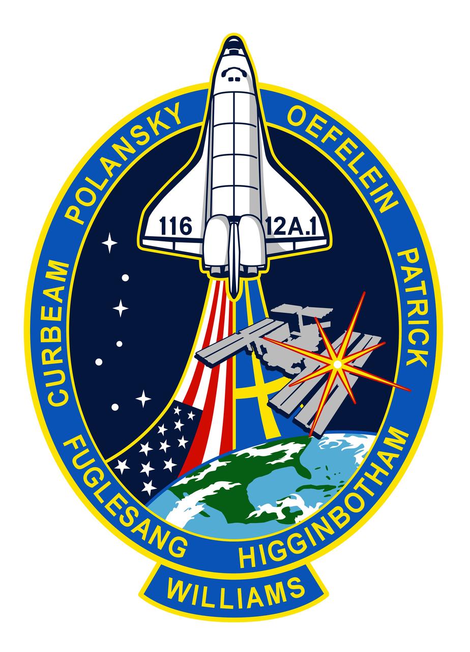 Signifying the continuing assembly of the International Space Station (ISS), the STS-116 crew patch depicts the space shuttle rising above the Earth and the ISS. The United States and Swedish flags trail the orbiter, depicting the international composition of the STS-116 crew. The seven stars of the constellation Ursa Major are used to provide direction to the North Star, which is superimposed over the installation location of the P5 truss on ISS. 