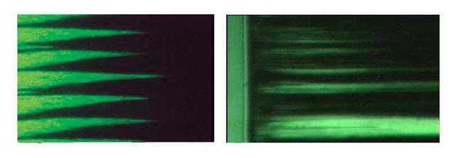 These are video microscope images of magnetorheological (MR) fluids, illuminated with a green light.  Those on Earth, left, show the MR fluid forming columns or spikes structures. On the right, the fluids in microgravity aboard the International Space Station (ISS), formed broader columns.