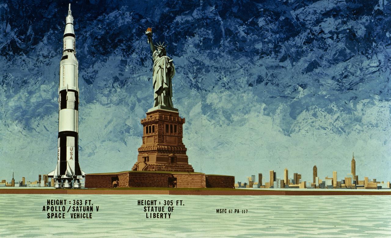 This 1967 illustration compares the Apollo Saturn V Spacecraft of the Moon Landing era to the Statue of Liberty located on Liberty Island in New York City. The Apollo Saturn V, at 363 feet towers above Lady Liberty, as the statue is called, standing at 305 feet.