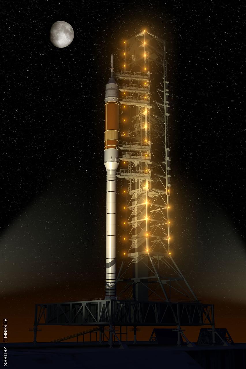 Under the goals of the Vision for Space Exploration, Ares I is a chief component of the cost-effective space transportation infrastructure being developed by NASA's Constellation Program. This transportation system will safely and reliably carry human explorers back to the moon, and then onward to Mars and other destinations in the solar system. Launch Pad 39B of the Kennedy Space Flight Center (KSC), currently used for Space Shuttle launches, will be revised to host the Ares launch vehicles. The fixed and rotating service structures standing at the pad will be dismantled sometime after the Ares I-X test flight. A new launch tower for Ares I will be built onto a new mobile launch platform. The gantry for the shuttle doesn't reach much higher than the top of the four segments of the solid rocket booster. Pad access above the current shuttle launch pad structure will not be required for Ares I-X because the stages above the solid rocket booster are inert. For the test scheduled in 2012 or for the crewed flights, workers and astronauts will need access to the highest levels of the rocket and capsule. When the Ares I rocket rolls out to the launch pad on the back of the same crawler-transporters used now, its launch gantry will be with it. The mobile launchers will nestle under three lightning protection towers to be erected around the pad area. Ares time at the launch pad will be significantly less than the three weeks or more the shuttle requires. This “clean pad” approach minimizes equipment and servicing at the launch pad. It is the same plan NASA used with the Saturn V rockets and industry employs it with more modern launchers. The launch pad will also get a new emergency escape system for astronauts, one that looks very much like a roller coaster. Cars riding on a rail will replace the familiar baskets hanging from steel cables. This artist's concept illustrates the Ares I on launch pad 39B.   