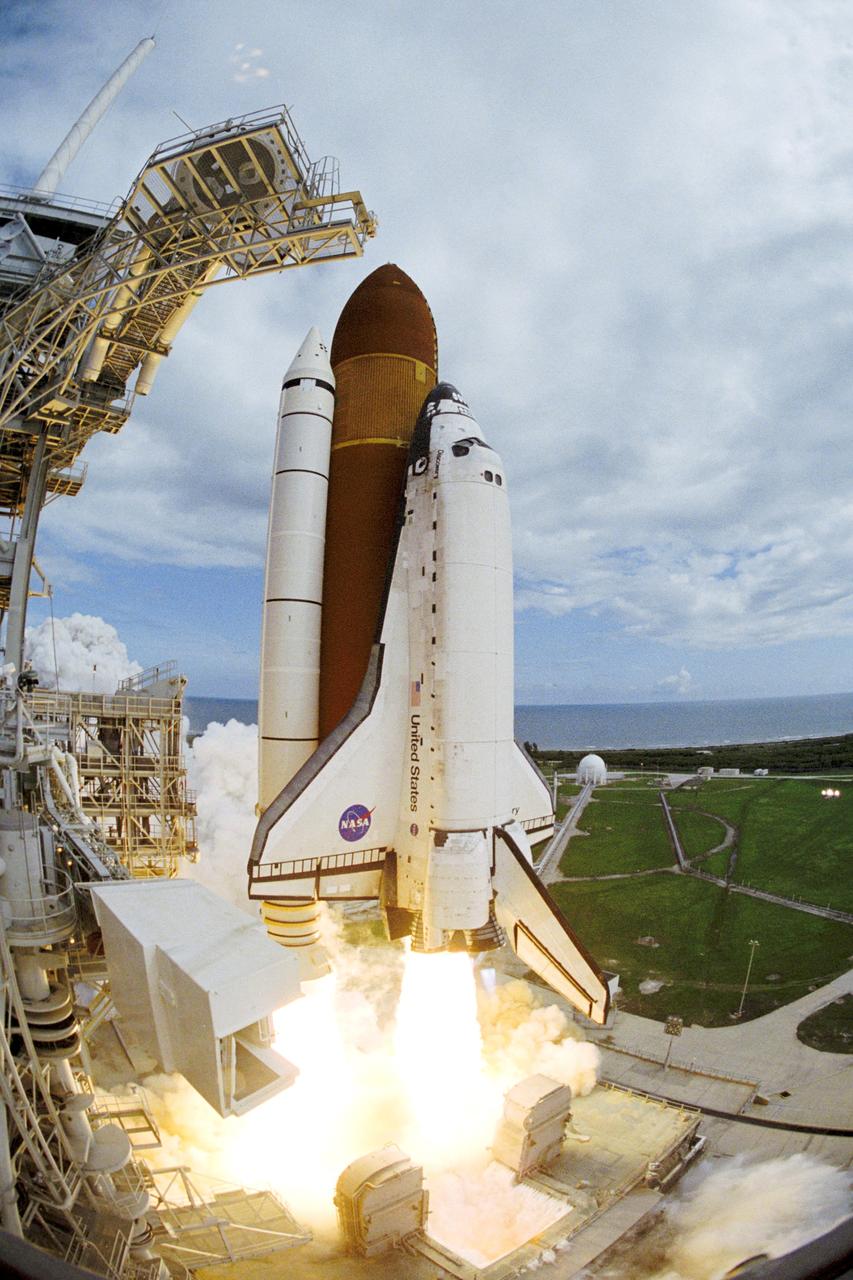 The Space Shuttle Discovery and its seven-member STS-120 crew headed toward Earth-orbit and a scheduled linkup with the International Space Station (ISS). Liftoff from Kennedy Space Center's launch pad 39A occurred at 11:38:19 a.m. (EDT) on October 23, 2007. Onboard were astronauts Pam Melroy, commander; George Zamka, pilot; Scott Parazynski, Stephanie Wilson, Doug Wheelock, European Space Agency's (ESA) Paolo Nespoli and Daniel Tani, all mission specialists. Discovery linked up with the station for a joint mission of continued construction, The mission delivered the Italian-built U.S. Node 2, named Harmony. During the 14-day mission, the crew installed Harmony, and moved and deployed the P6 solar arrays to their permanent position.    