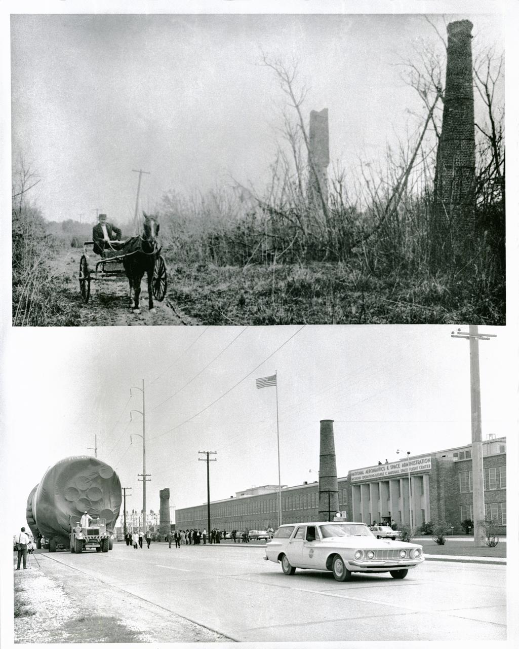 NASA's Michoud Assembly Facility, located in eastern New Orleans, Louisiana, is an 832 acre site that is a government-owned, contractor-operated component of the George C. Marshall Space Flight Center (MSFC). The facility was acquired by NASA in 1961 at the recommendation of Dr. Wernher von Braun and his rocket team in Huntsville Alabama. The cavernous plant served as the assembly facility for the Saturn launch vehicles and most recently the external tank (ET) used for the Space Shuttle Program. The facility features one of the world's biggest manufacturing plants with 43 acres under one roof and a port with deep-water access for the transportation of large space structures. When completed, space hardware is towed on a barge across the Gulf of Mexico, around Florida and up to Kennedy Space Center. The original tract of land was part of a 34,500 acre French Royal land grant to local merchant, Gilbert Antoine de St. Maxent in 1763. Later, the land was acquired by French transplant Antoine Michoud, the son of Napoleon's Administrator of Domains, who moved to the city in 1827. Michoud operated a sugar cane plantation and refinery on the site until his death in 1863. His heirs continued operating the refinery and kept the original St. Maxent estate intact into the 20th century. Two brick smokestacks from the original refinery still stand before the Michoud facility today as seen in the lower half of this photograph taken in the 1960's, while the upper half reflects the area during the time of the sugar cane plantation workers.    