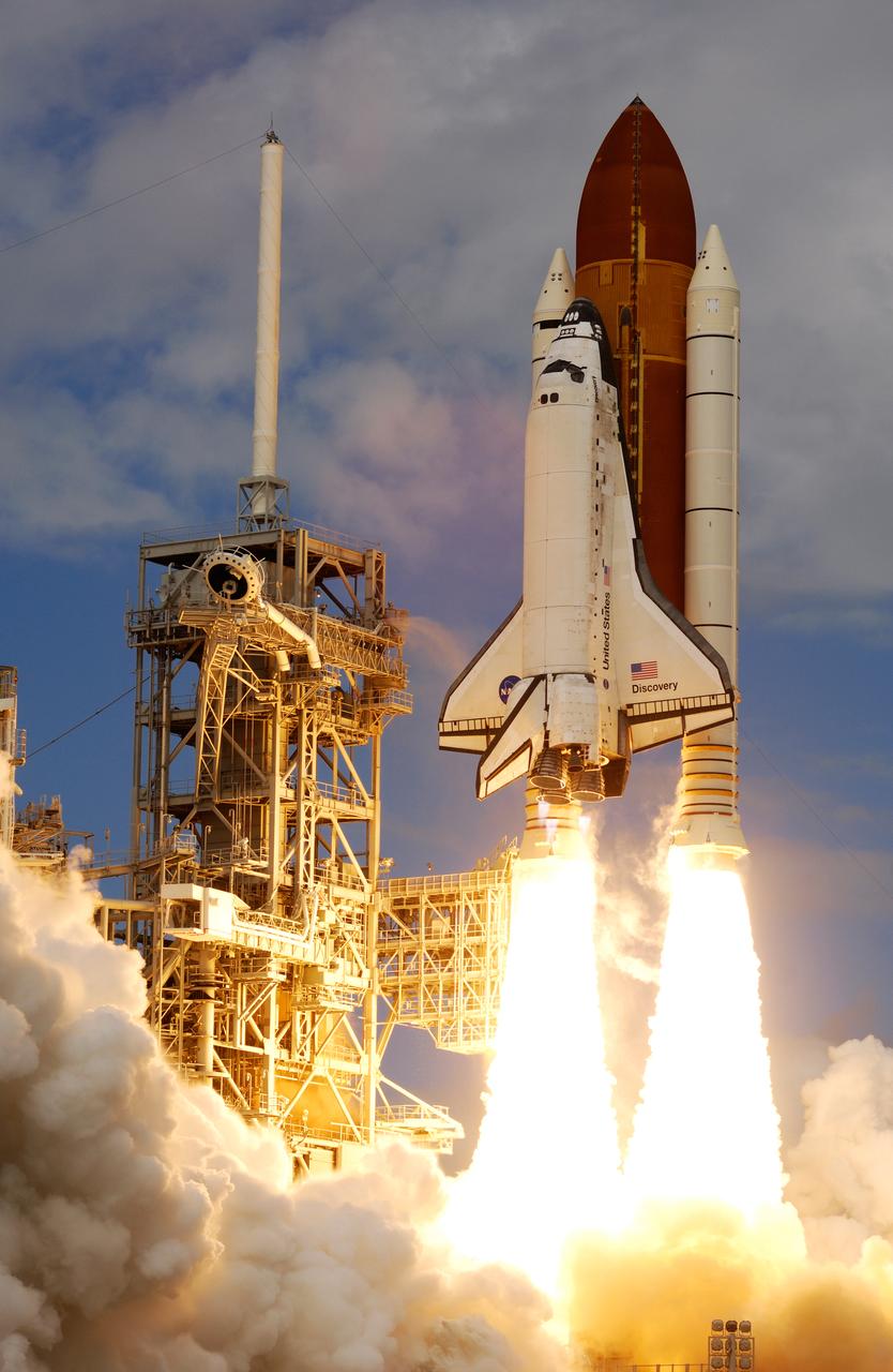 (10/23/2007) --- KENNEDY SPACE CENTER, FLA. -- Out of the clouds of smoke and steam rolling across Launch Pad 39A at NASA's Kennedy Space Center, space shuttle Discovery hurtles toward space on the 23rd assembly mission to the International Space Station. Liftoff was on time at 11:38:19 a.m. EDT. Discovery carries the Italian-built U.S. Node 2, called Harmony. During the 14-day STS-120 mission, the crew will install Harmony and move the P6 solar arrays to their permanent position and deploy them. Discovery is expected to complete its mission and return home at 4:47 a.m. EST on Nov. 6
