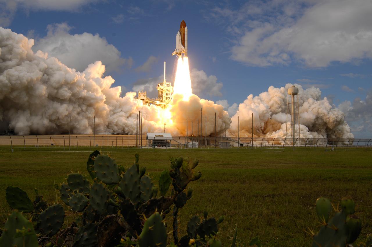 (10/23/2007) --- KENNEDY SPACE CENTER, FLA. -- Out of the clouds of smoke and steam rolling across Launch Pad 39A at NASA's Kennedy Space Center, space shuttle Discovery hurtles toward space on the 23rd assembly mission to the International Space Station. Liftoff was on time at 11:38:19 a.m. EDT. Discovery carries the Italian-built U.S. Node 2, called Harmony. During the 14-day STS-120 mission, the crew will install Harmony and move the P6 solar arrays to their permanent position and deploy them. Discovery is expected to complete its mission and return home at 4:47 a.m. EST on Nov. 6