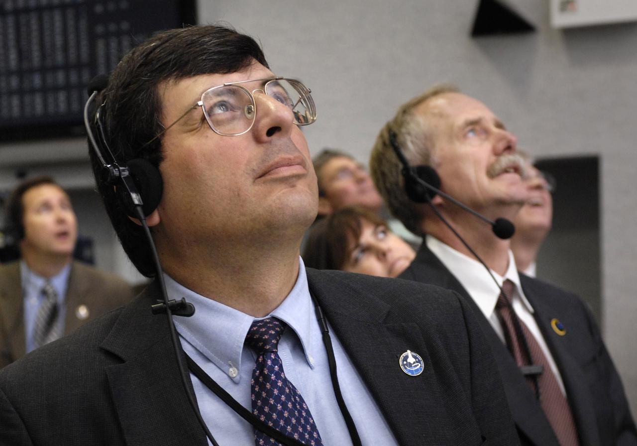 In the firing room at NASA's Kennedy Space Center, NASA Associate Administrator, Chris Scolese and other managers watch the space shuttle Discovery launch the STS-120 mission, 11:38 a.m. EDT, October 23, 2007. Photo credit: "NASA/Bill Ingalls