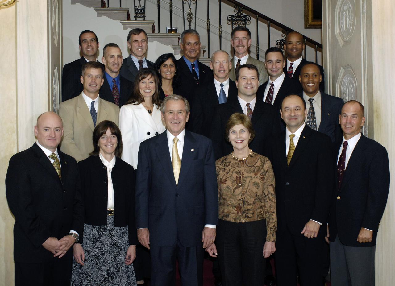 President George W. Bush and Mrs. Bush participate in a photo opportunity with crew members of the space shuttle Discovery (STS–116), space shuttle Atlantis (STS-117), space shuttle Endeavour (STS-118), and International Space Station Expeditions 14 and 15 at the White House, November 14, 2007. Photo Credit: "NASA/Bill Ingalls"