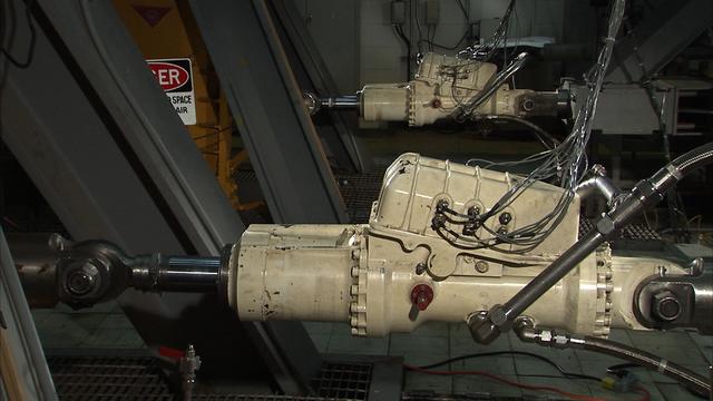 Testing of  the Ascent Thrust Vector Control System in support of the Ares 1-X program at the Marshall Space Flight Center in Huntsville, Alabama.  This image is extracted from a high definition video file and is the highest resolution available  