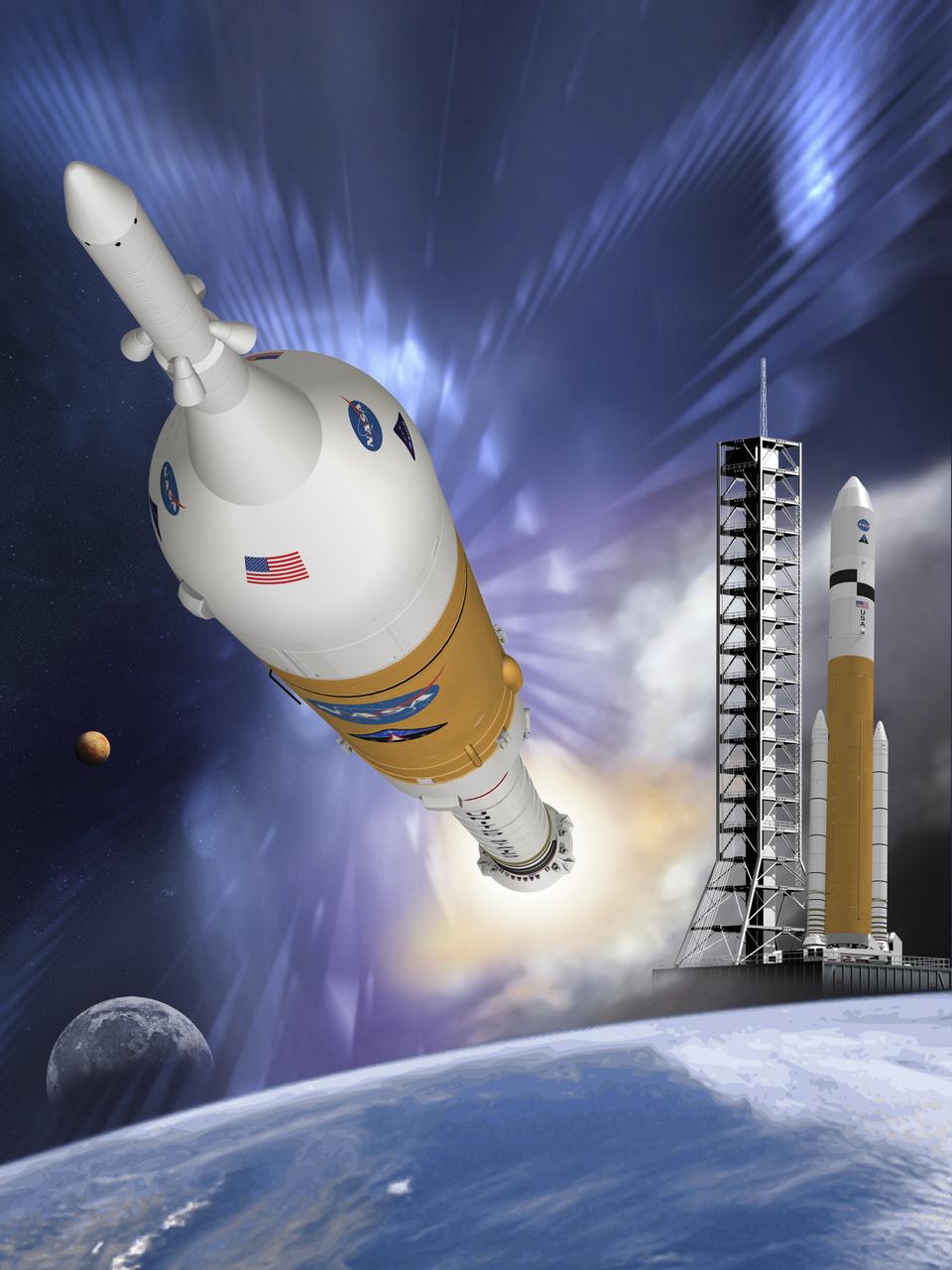Shown is a concept illustration of the Ares I crew launch vehicle during launch and the Ares V cargo launch vehicle on the launch pad. Ares I will carry the Orion Crew Exploration Vehicle with an astronaut crew to Earth orbit. Ares V will deliver large-scale hardware to space. This includes the Altair Lunar Lander, materials for establishing an outpost on the moon, and the vehicles and hardware needed to extend a human presence beyond Earth orbit.