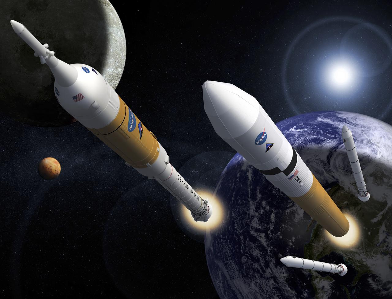 Shown is a concept illustration of the Ares I crew launch vehicle, left, and Ares V cargo launch vehicle. Ares I will carry the Orion Crew Exploration Vehicle to space. Ares V will serve as NASA's primary vehicle for delivery of large-scale hardware to space.