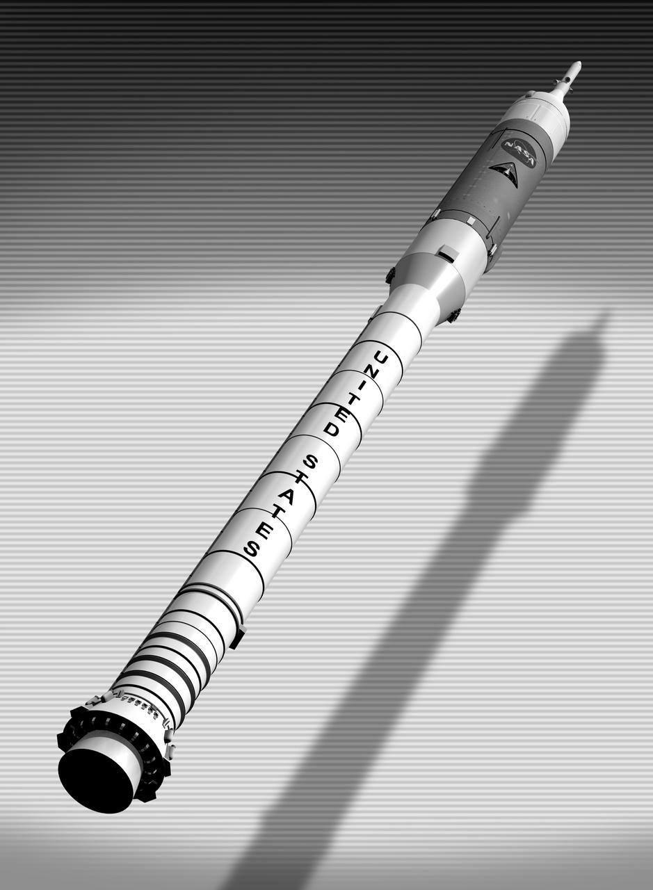 Shown is a concept illustration of Ares I which is an in-line, two-stage rocket that will transport the Orion Crew Exploration Vehicle to low earth orbit. Orion will accommodate as many as six astronauts. The first stage will consist of the five-segment solid rocket booster.