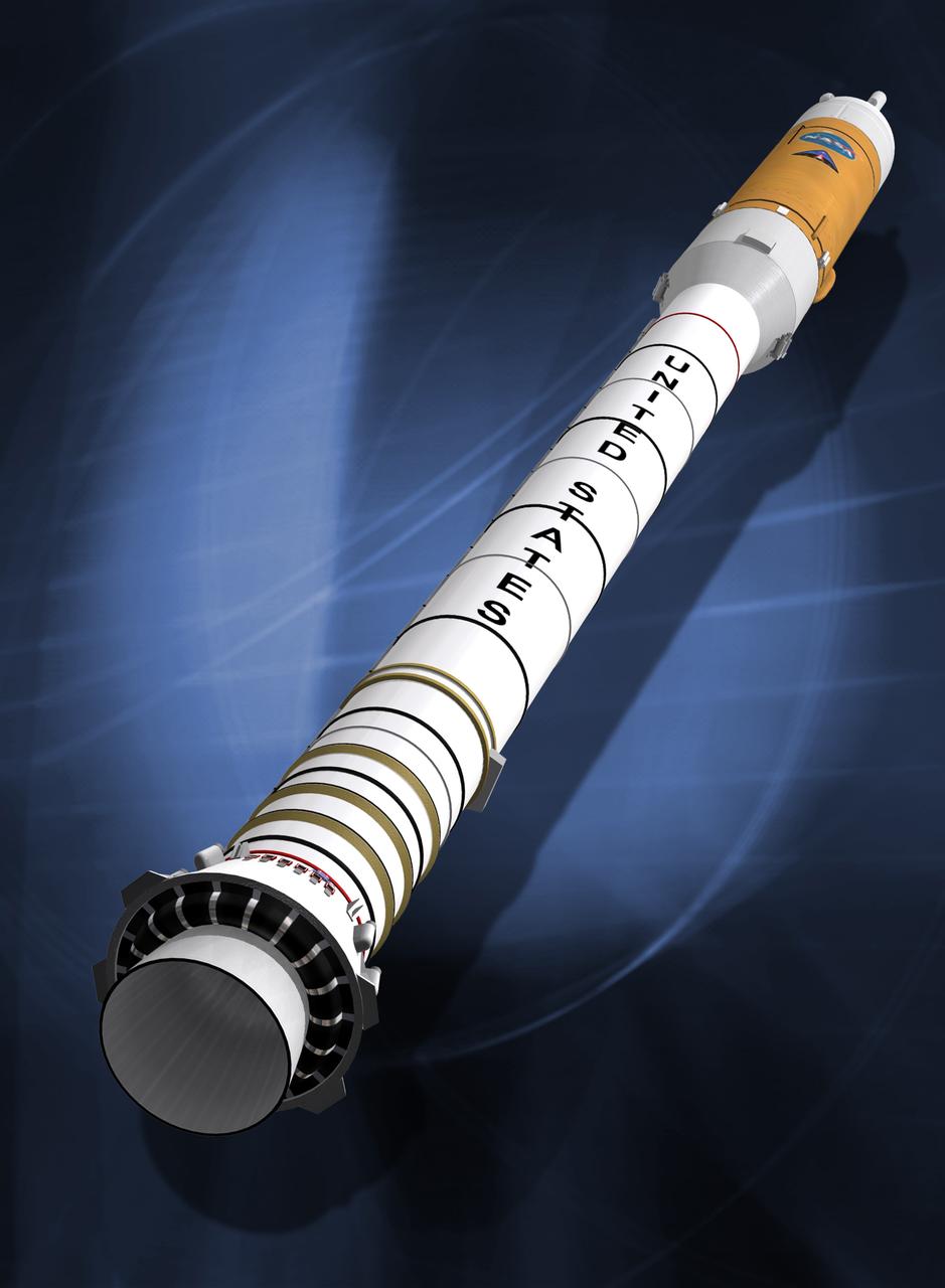 Shown is an illustration of the Ares I concept. The first stage will be a single, five-segment solid rocket booster derived from the space shuttle programs reusable solid rocket motor. The first stage is managed by NASA's Marshall Space Flight Center in Huntsville, Alabama for NASA's Constellation program.