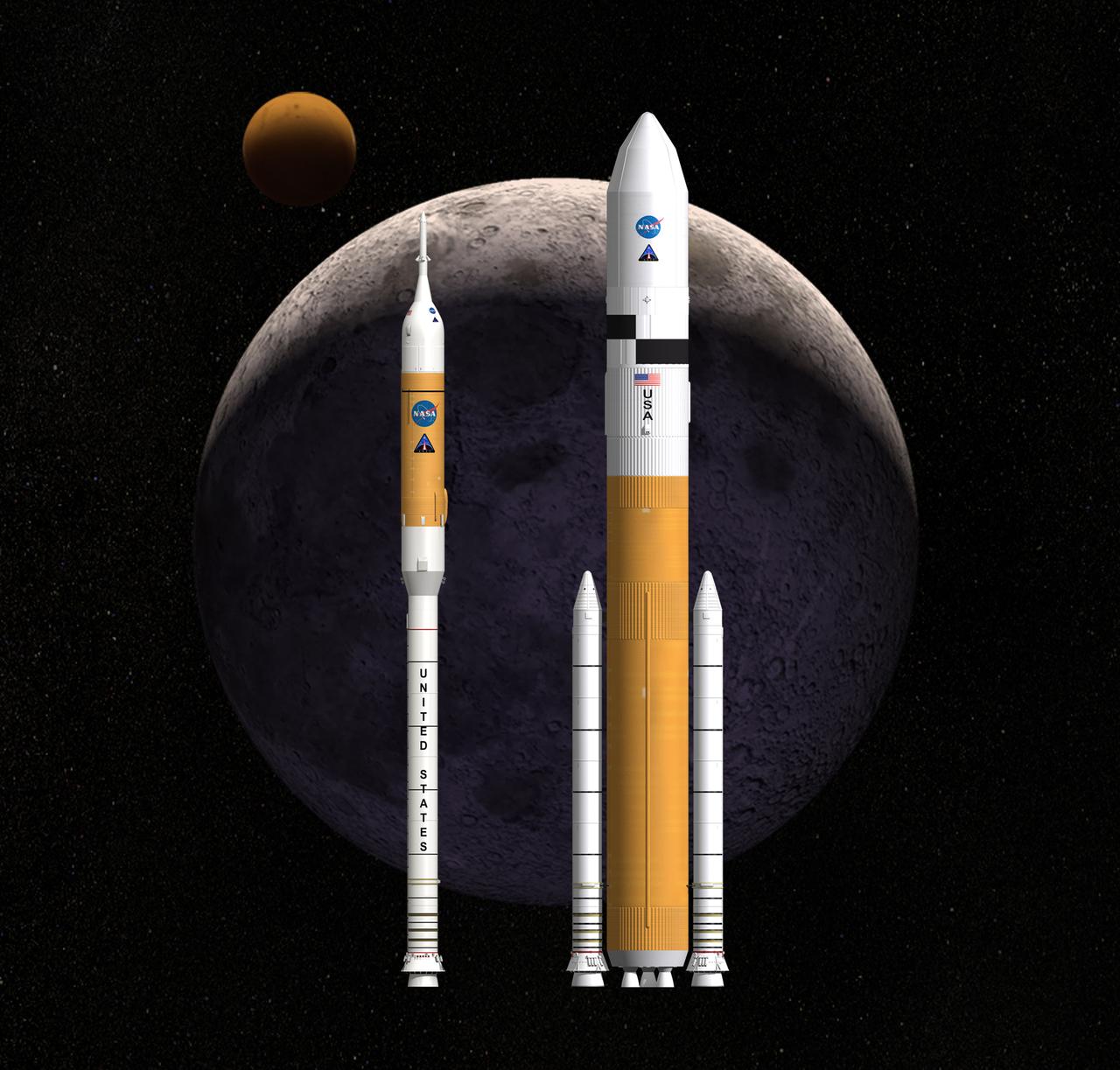 THIS CONCEPT IMAGE SHOWS NASA'S NEXT GENERATION LAUNCH VEHICLE SYSTEMS STANDING SIDE BY SIDE. ARES I, LEFT, IS THE CREW LAUNCH VEHICLE THAT WILL CARRY THE ORION CREW EXPLORATION VEHICLE TO SPACE. ARES V IS THE CARGO LAUNCH VEHICLE THAT WILL DELIVER LARGE SCALE HARDWARE, INCLUDING THE LUNAR LANDER, TO SPACE.