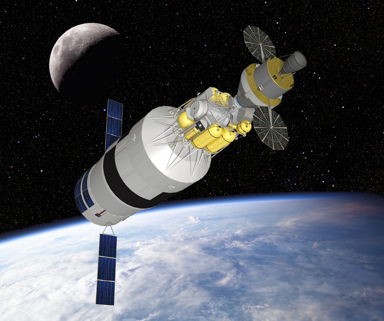 SHOWN IS A CONCEPT IMAGE OF THE ARES V EARTH DEPARTURE STAGE AND LUNAR SURFACE ACCESS MODULE DOCKED WITH THE ORION CREW EXPLORATION VEHICLE IN EARTH ORBIT. THE DEPARTURE STAGE, POWERED BY A J-2X ENGINE, IS NEEDED TO ESCAPE EARTH'S GRAVITY AND SEND THE CREW VEHICLE AND LUNAR MODULE ON THEIR JOURNEY TO THE MOON.