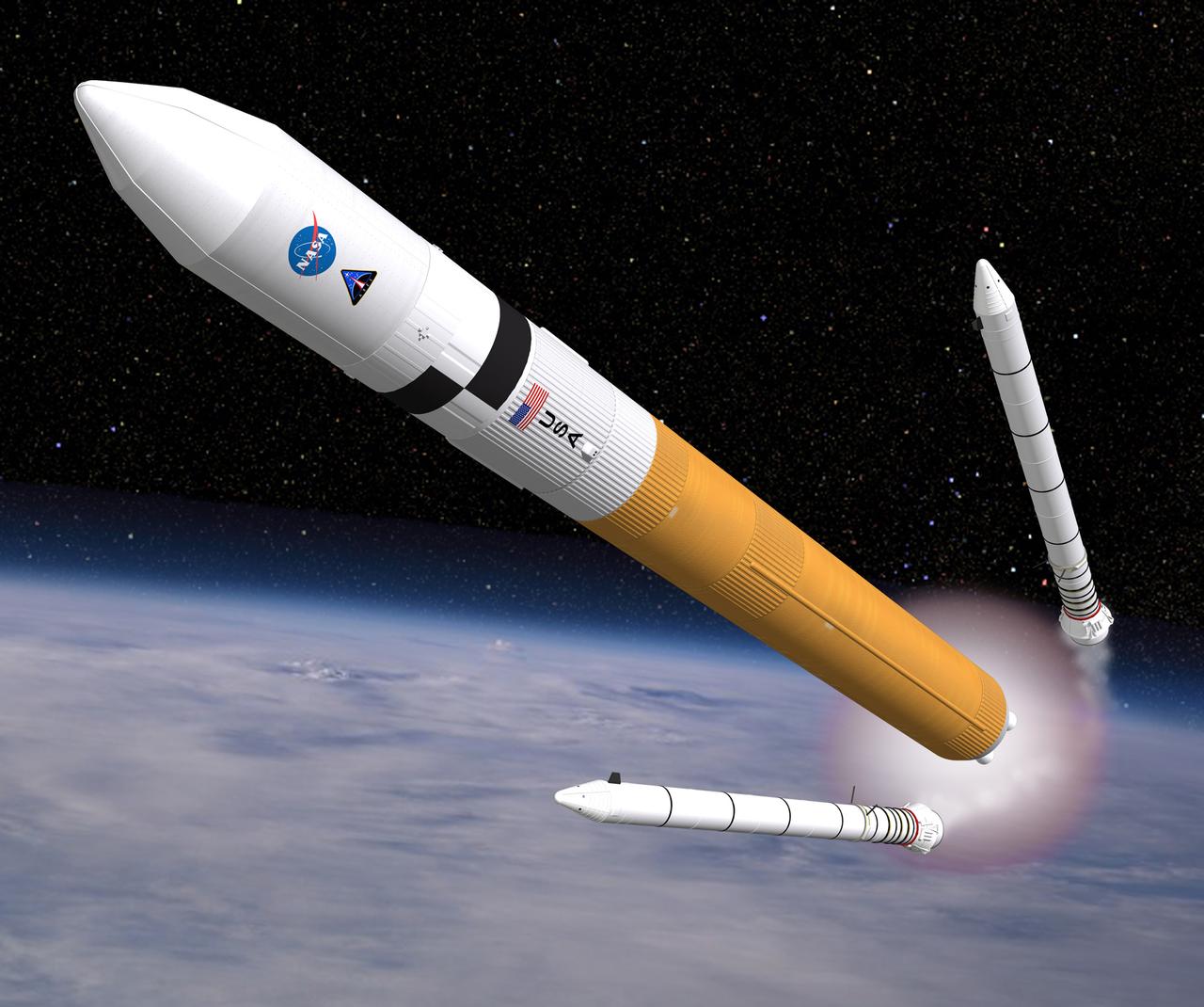 THIS CONCEPT IMAGE SHOWS THE ARES V CARGO LAUNCH VEHICLE. THE HEAVY LIFTING ARES V IS NASA'S PRIMARY VEHICLE FOR SAFE AND RELIABLE DELIVERY OF LARGE SCALE HARDWARE TO SPACE. THIS INCLUDES THE LUNAR LANDER, MATERIALS FOR ESTABLISHING A PERMANENT MOON BASE, AND THE VEHICLES AND HARDWARE NEEDED TO EXTEND A HUMAN PRESENCE BEYOND EARTH ORBIT. ARES V  CAN CARRY APPROXIMATELY 290,000 POUNDS TO LOW EARTH ORBIT AND 144,000 POUNDS TO LUNAR ORBIT.