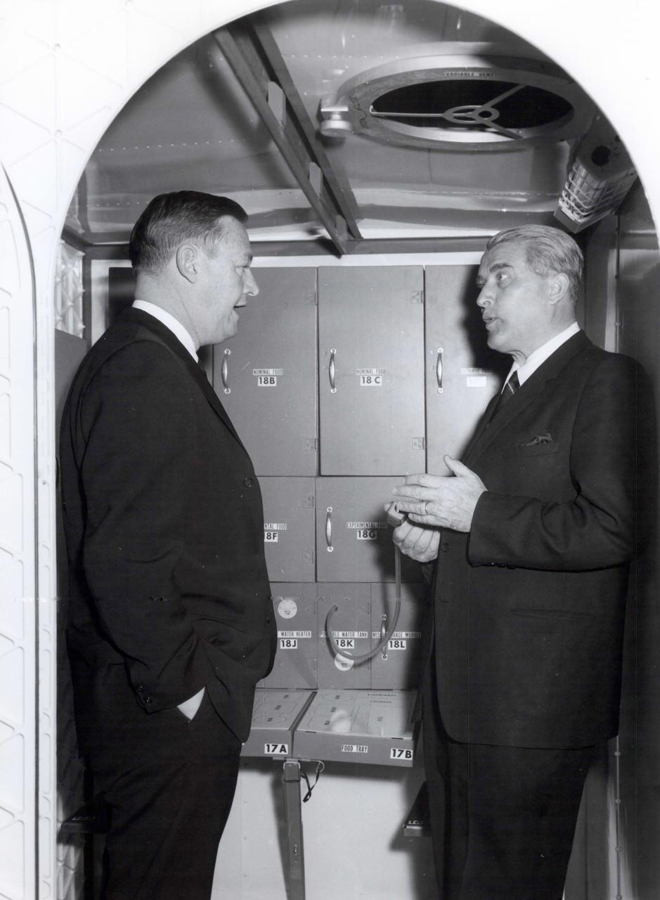 U.S. Representative Armistead Seldon (D.-Al) inspects the food preparation area of the Saturn I workshop mockup during a visit to the Marshall Space Flight Center. Explaining the operation of the food preparation area to the congressman is Dr. Wernher Von Braun, Marshall Space Flight Center director.