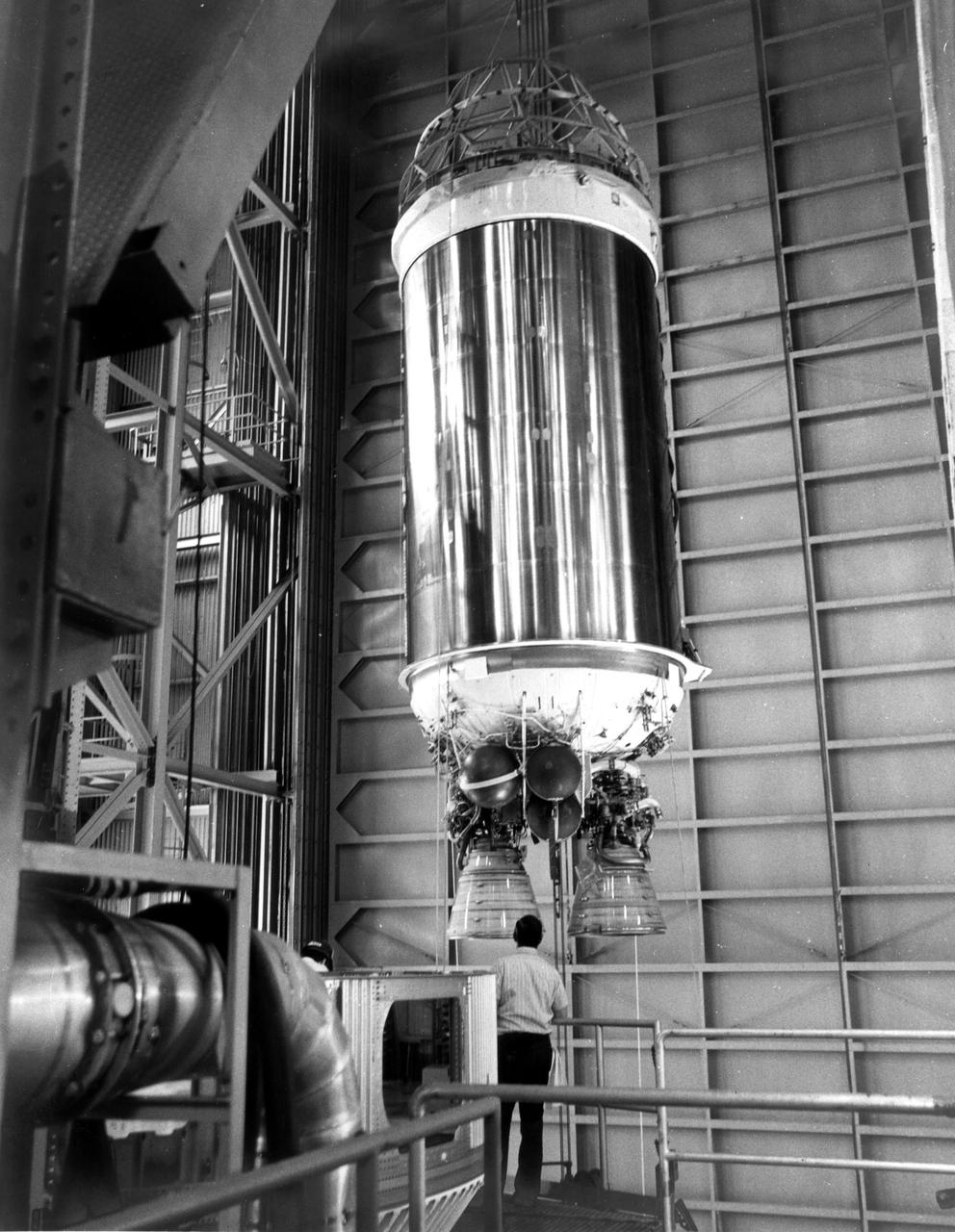 KENNEDY SPACE CENTER, FLA. --  The Centaur high-energy third stage for Titan_Centaur 3 is mated with its Titan rocket in the Vehicle Integration Building in the Titan III complex at Cape Canaveral Air Force Station.  Titan_Centaur 3 and Titan_Centaur 4 will launch twin Viking spacecraft to Mars in the late summer of 1975.  Launch will be by KSC's Unmanned Launch Operations Directorate from Complex 41.