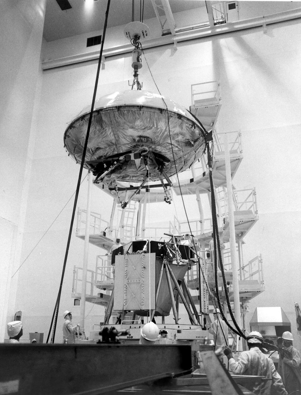 KENNEDY SPACE CENTER, FLA. - Closeup view shows mated Viking Lander (top) and Orbiter in Kennedy Space Center Spacecraft Assembly and Encapsulation Facility.