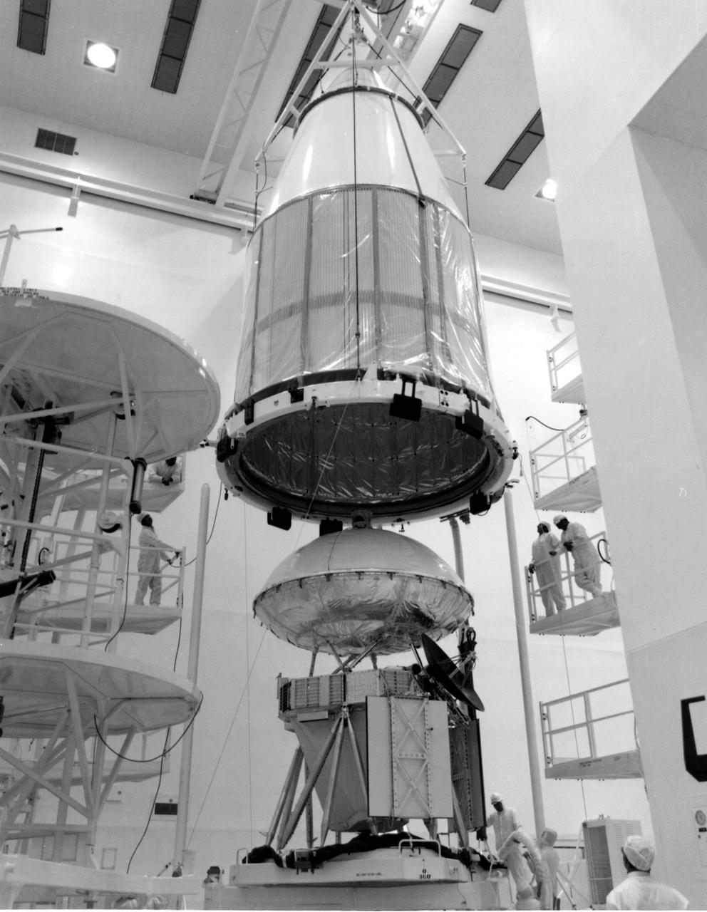 KENNEDY SPACE CENTER, FLA. --  The mated orbiter and lander for Viking A were encapsulated within a Centaur shroud at Spacecraft Assembly and Encapsulation Facility 2 (SAEF-2) today.  The spacecraft, one of two to be launched toward Mars atop Titan_Centaurs in August, is to be moved to Launch Complex 41 on March 31 for extensive testing.  KSC's Unmanned Launch Operations Directorate is scheduled to launch the twin Vikings during a 10-day period in August.