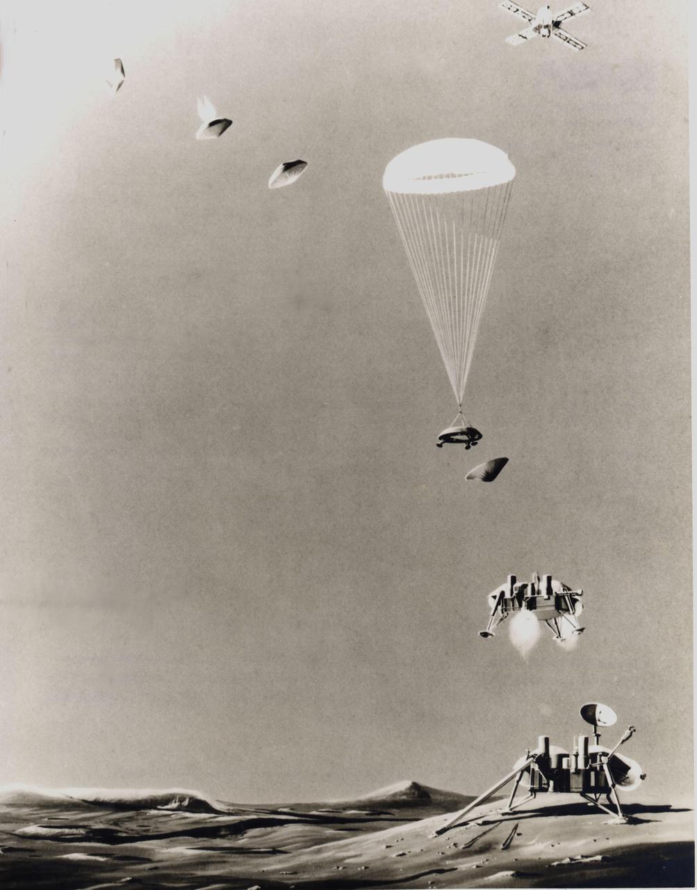 This is an artist's conception of the sequence of events that will take place just prior to landing a life-detection laboratory on the surface of Mars on July 4, 1976. Above right, the Viking spacecraft, composed of an orbiter and a lander, has been in orbit around the Red Planet since June 19, 1976, taking pictures of the planned landing site to ascertain its safety before releasing the lander (top, left) for its threeto five-hour descent. Protected by aeroshells, the heat-sterilized lander hurtles into the thin Martian atmosphere at a speed of about 10,000 mph, to be slowed first by aerodynamic drag until the shell is discarded, then by parachute (center) and finally by retrorockets to assure a gentle landing. Instruments will study the structure and composition of the Martian atmosphere as the lander drifts down. Viking 2 is scheduled to arrive at Mars on Aug. 7 and touch down on the surface on Sept. 4.