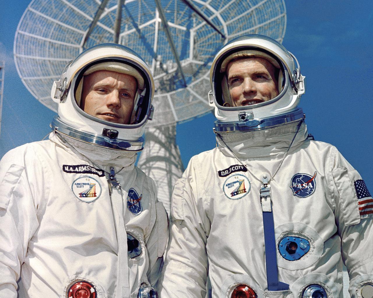 CAPE CANAVERAL, Fla. – Gemini 8 astronauts Neil A. Armstrong, command pilot, and David R. Scott, pilot, during a photosSession for the press outside Mission Control Center, Cape Kennedy.   Photo credit: NASA