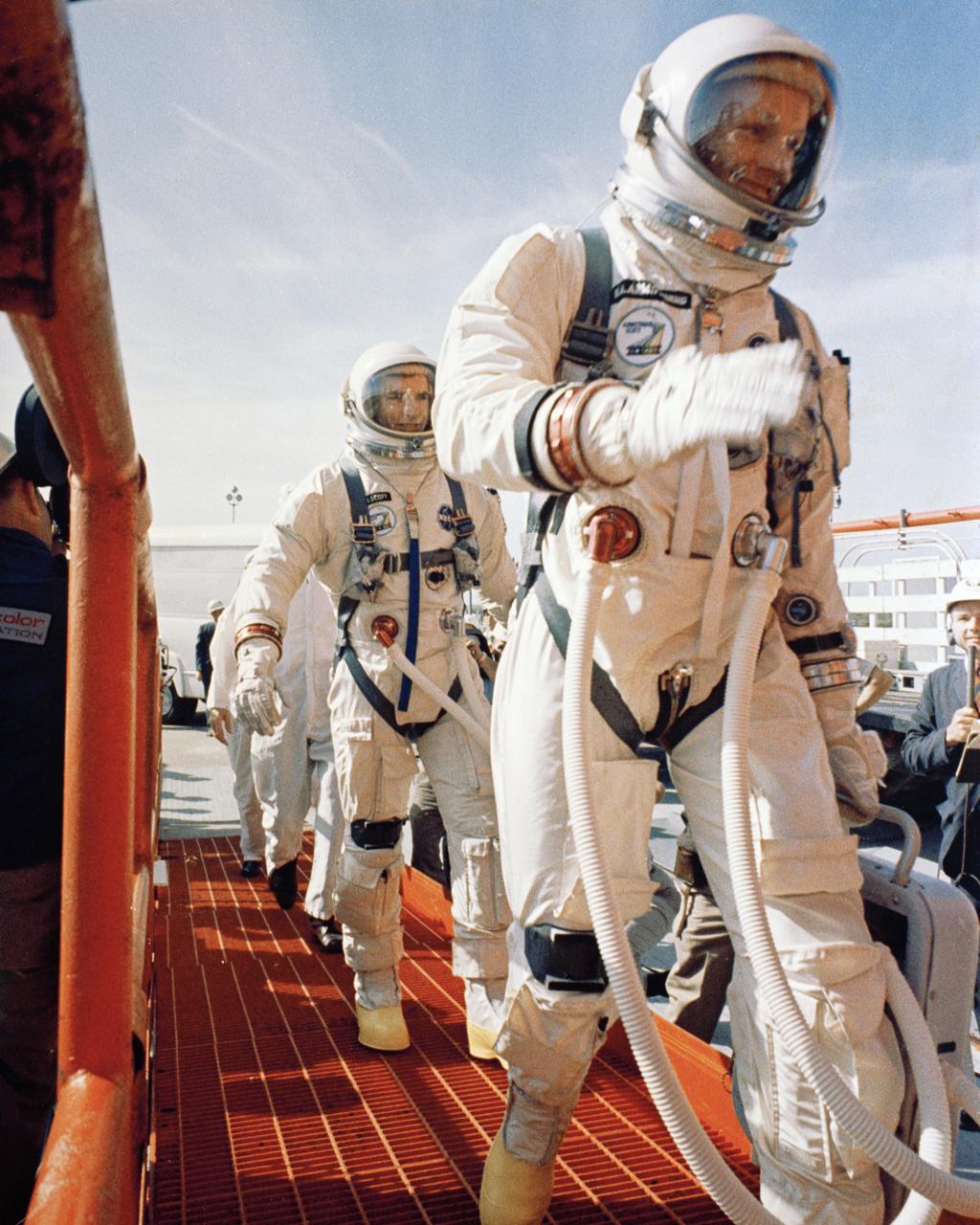 KSC-66C-1863 Gemini-8 Astronauts Neil Armstrong and David Scott prepare to enter elevator at Complex 19, Cape Kennedy. (jrs)