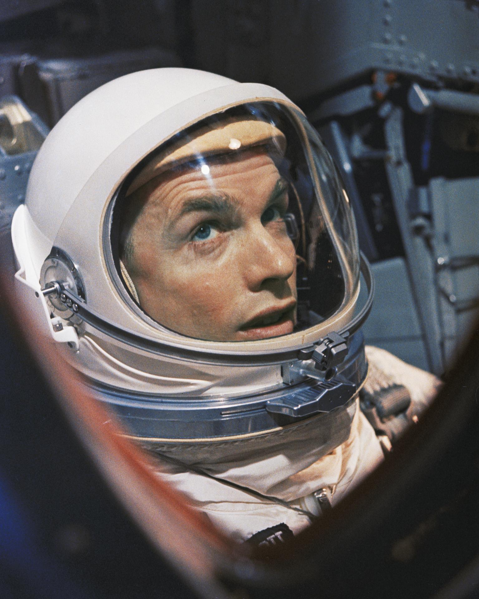View of Gemini 8 pilot David Scott through the spacecraft window.