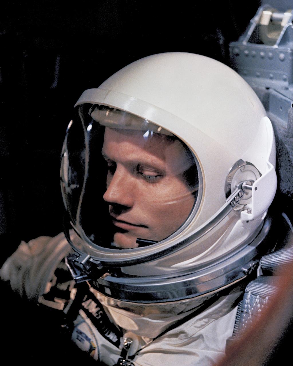 KSC-66C-1872  Gemini 8 Command Pilot Neil A. Armstrong seen through window of Gemini 8 Spacecraft just before liftoff. (jrs)