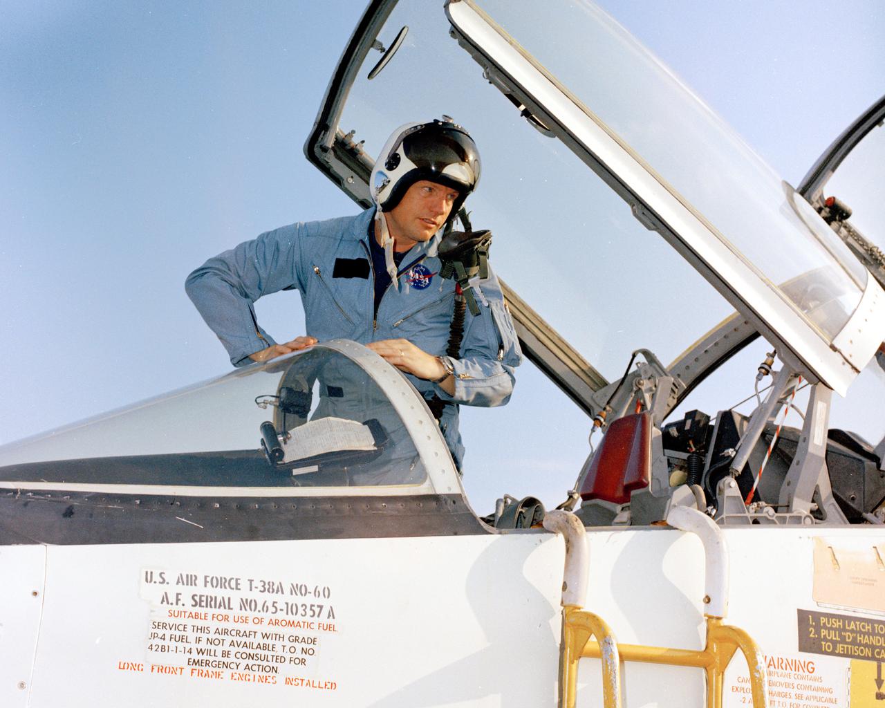 PATRICK AFB, Fla. – In preparation of the nation’s first lunar landing mission, Apollo 11 crew members arrive at Patrick Air Force Base, Florida. Mission commander Neil Armstrong climbs out of a T-38 jet. Lift off atop a Saturn V launch vehicle is scheduled for July 16, 1969.   During Apollo 11 the command module, Columbia, will remain in orbit around the moon while the lunar module, Eagle, carrying Armstrong and Aldrin, lands on the lunar surface. During 2½ hours of surface exploration, the crew plans to collect lunar surface material for analysis back on Earth. For more: http:__www-pao.ksc.nasa.gov_history_apollo_apollo-11_apollo-11.htm Photo credit: NASA
