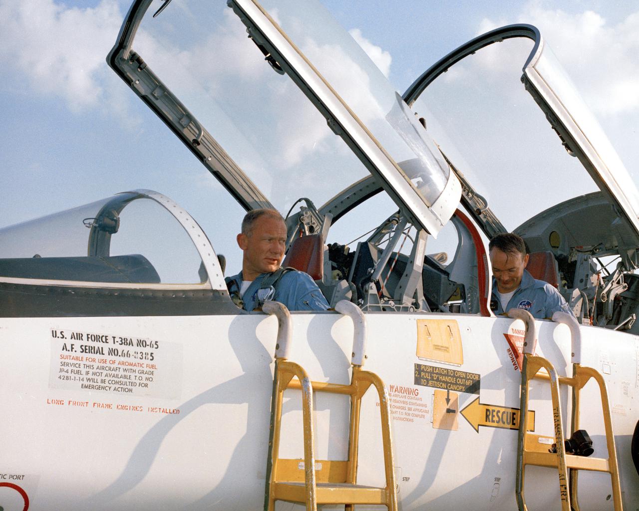 PATRICK AFB, Fla. – In preparation of the nation’s first lunar landing mission, Apollo 11 crew members arrive at Patrick Air Force Base, Florida. Lunar module pilot Edwin E. Buzz Aldrin Jr. is in the front seat of the T-38 jet, with command module pilot Michael Collins, in the back. Lift off atop a Saturn V launch vehicle is scheduled for July 16, 1969.   During Apollo 11 the command module, Columbia, will remain in orbit around the moon while the lunar module, Eagle, carrying Armstrong and Aldrin, lands on the lunar surface. During 2½ hours of surface exploration, the crew plans to collect lunar surface material for analysis back on Earth. For more: http:__www-pao.ksc.nasa.gov_history_apollo_apollo-11_apollo-11.htm Photo credit: NASA
