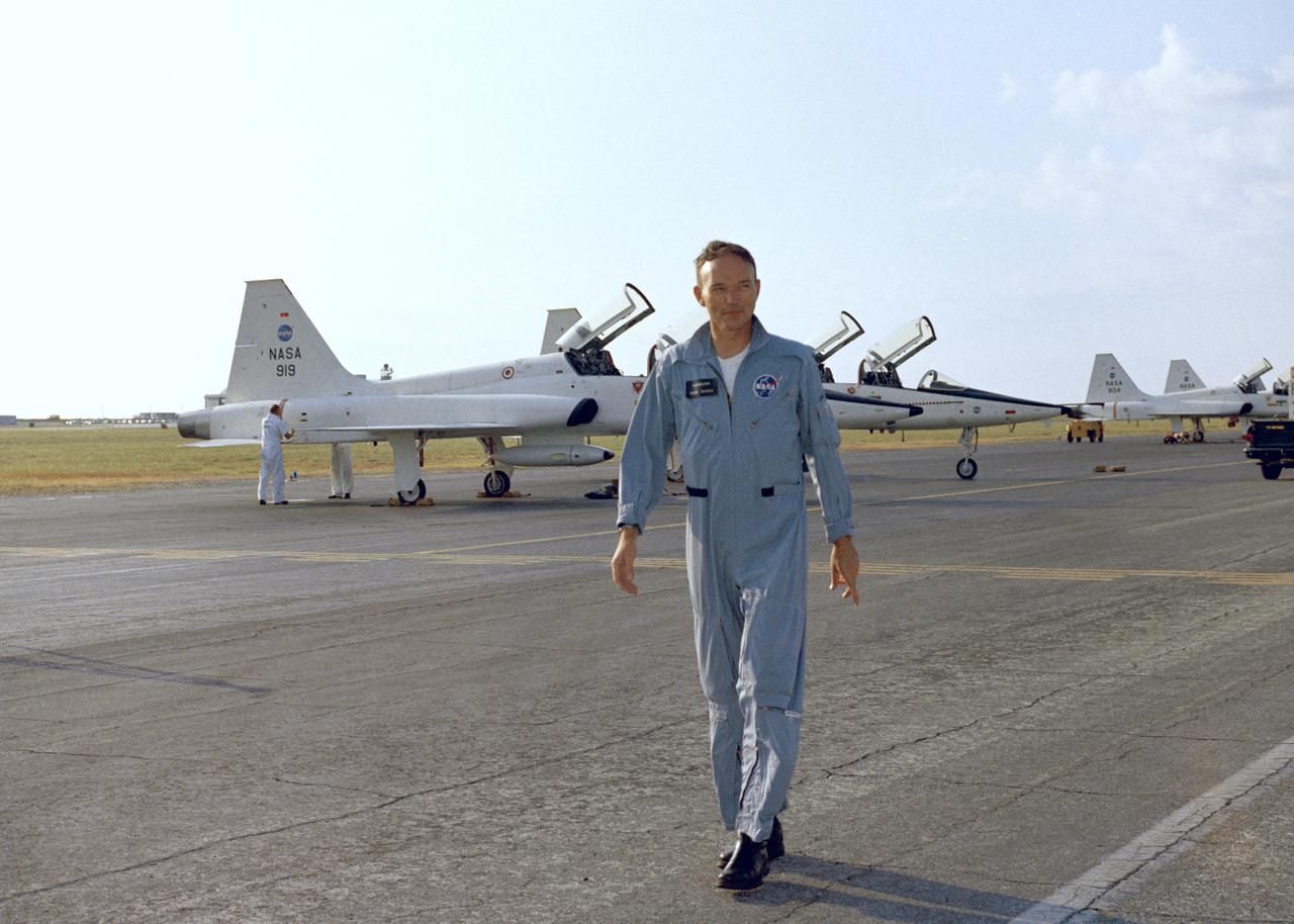 PATRICK AFB, Fla. – Apollo 11 command module pilot Michael Collins, just arrived at Patrick Air Force Base in a T-38 jet in preparation of the nation’s first lunar landing mission. Lift off atop a Saturn V launch vehicle is scheduled for July 16, 1969.   During Apollo 11, the command module, Columbia, will remain in orbit around the moon while the lunar module, Eagle, carrying Armstrong and Aldrin, lands on the lunar surface. During 2½ hours of surface exploration, the crew plans to collect lunar surface material for analysis back on Earth. For more: http:__www-pao.ksc.nasa.gov_history_apollo_apollo-11_apollo-11.htm Photo credit: NASA